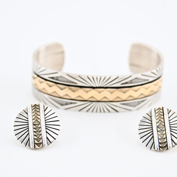 M.M. Rogers Sterling Silver & 14K Gold Cuff Bracelet & Earrings Set