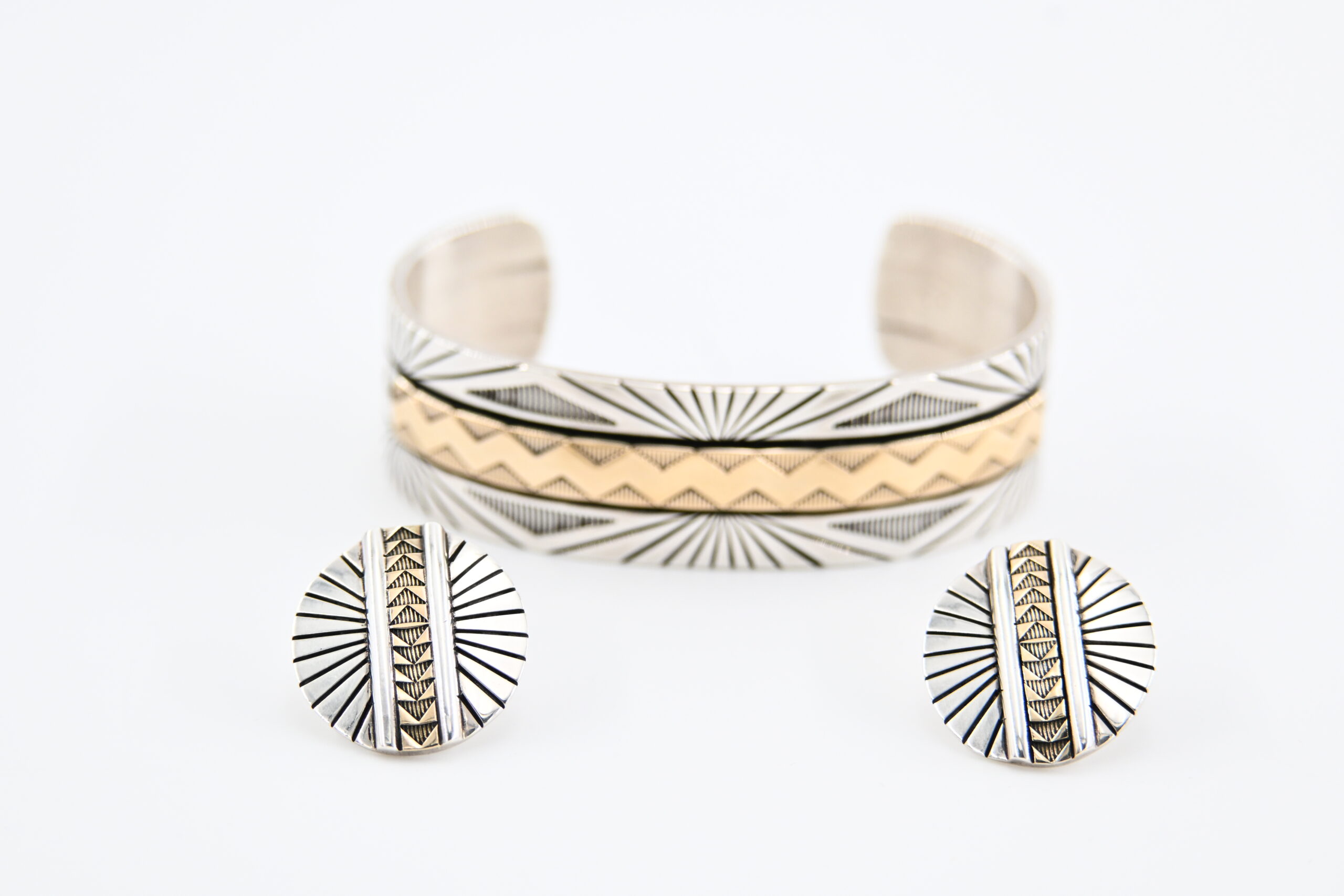 M.M. Rogers Sterling Silver & 14K Gold Cuff Bracelet & Earrings Set