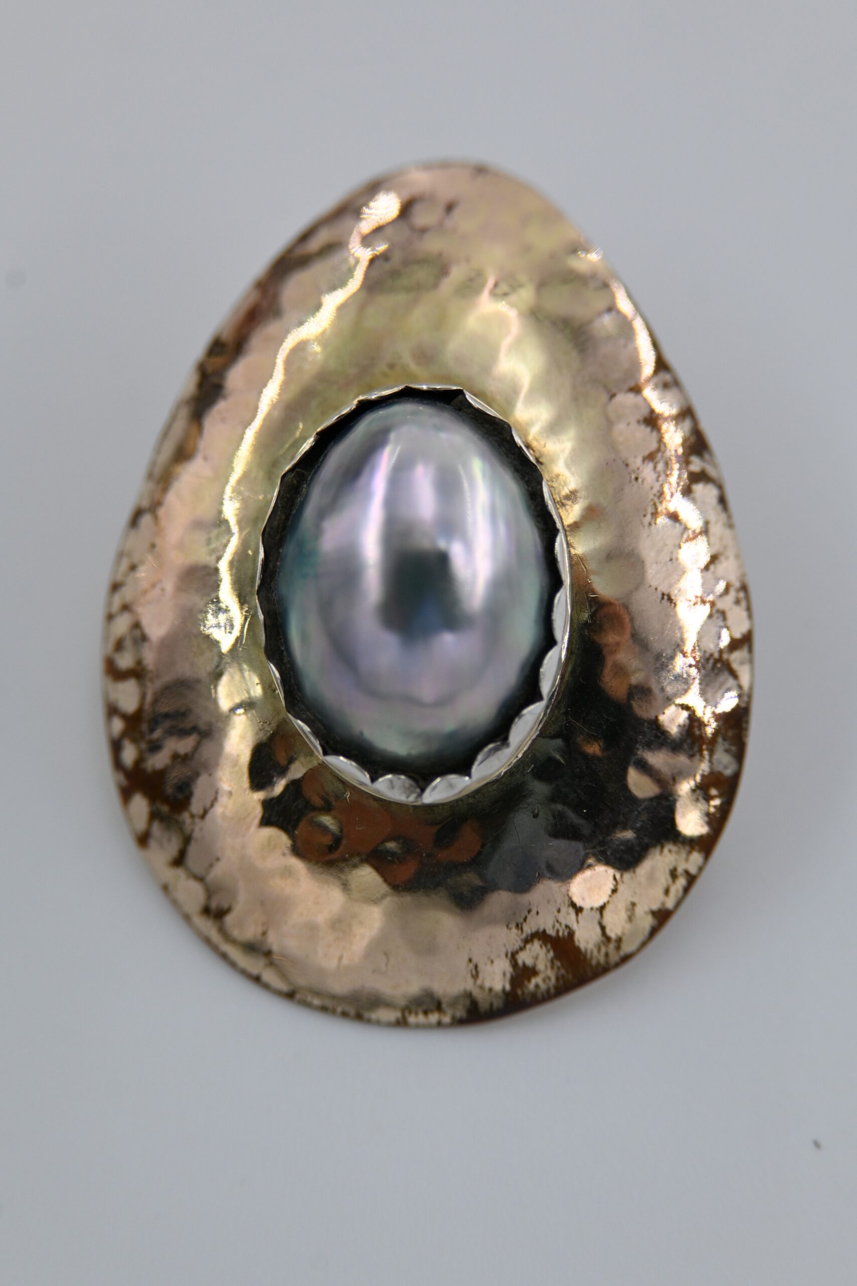 Hand-Hammered Mixed Metal Mabe Pearl Statement Earrings - Image 3