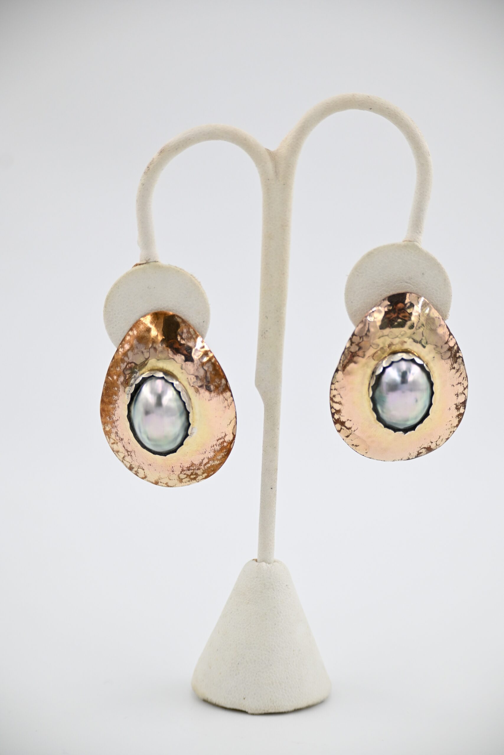 Hand-Hammered Mixed Metal Mabe Pearl Statement Earrings