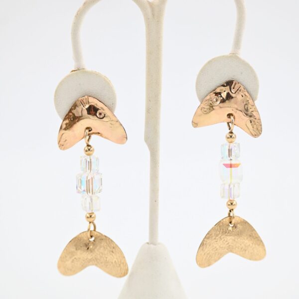 Ladda Bihler 14K Gold Filled Hammered Fish Earrings with Aurora Borealis Crystal Beads