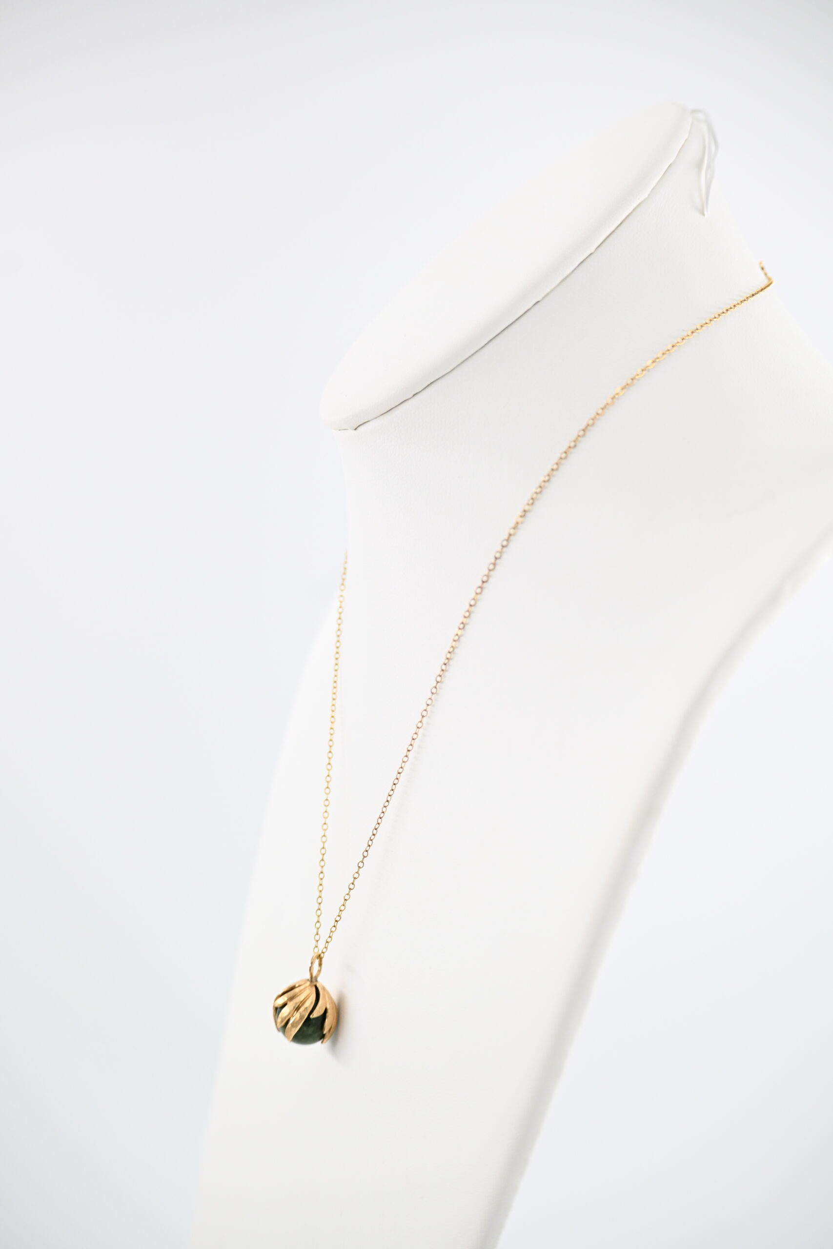 14K Yellow Gold Nephrite Jade Orb Pendant Necklace with Leaf Cage Setting - Image 2