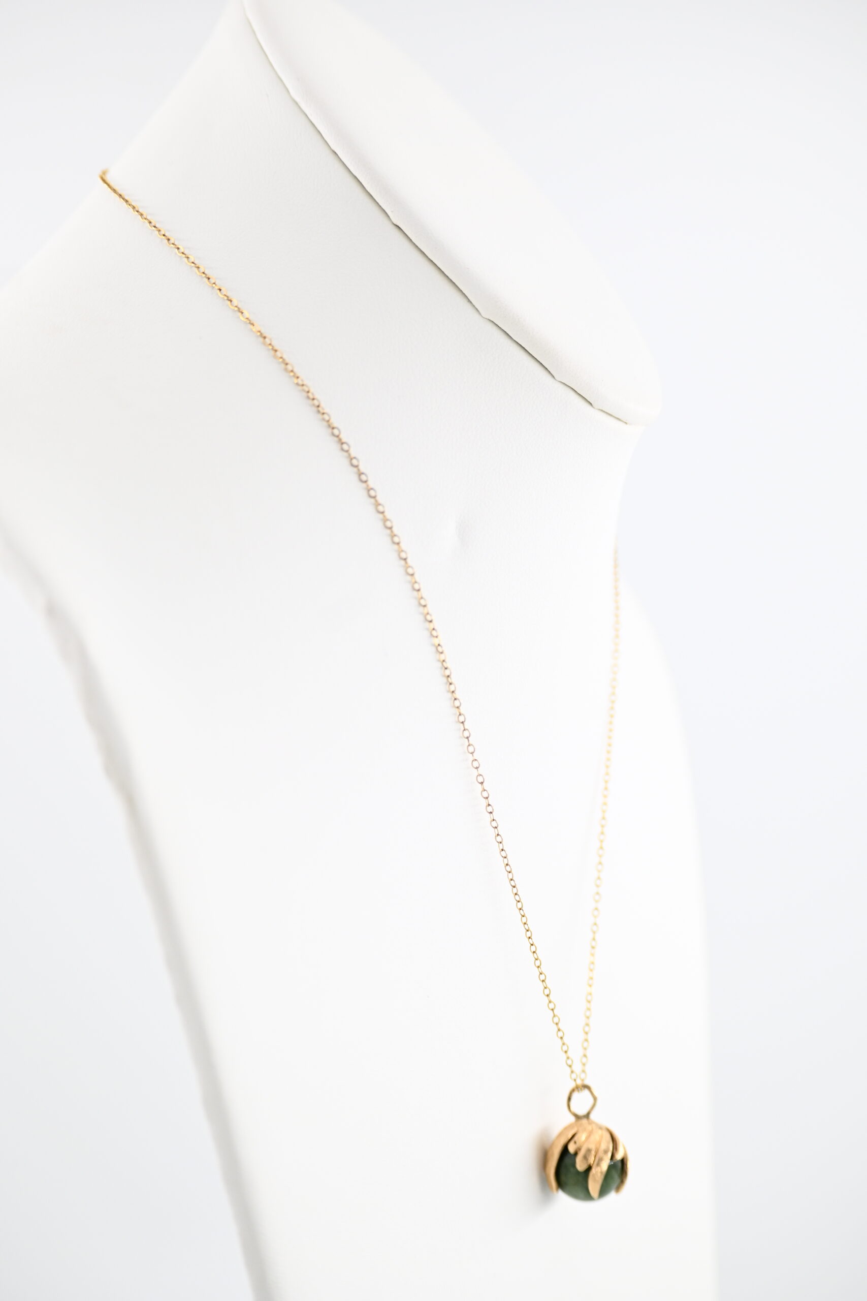14K Yellow Gold Nephrite Jade Orb Pendant Necklace with Leaf Cage Setting - Image 4