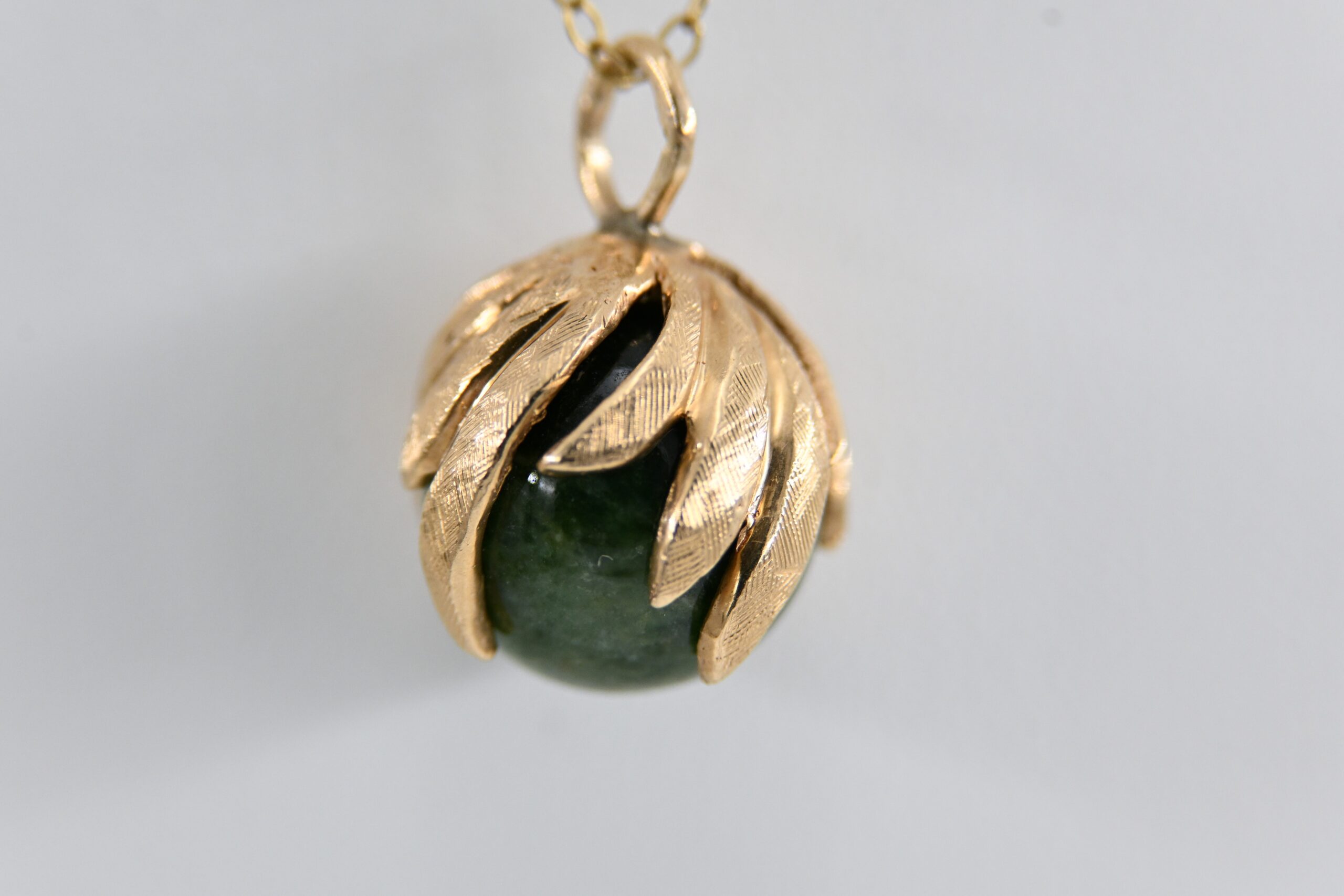 14K Yellow Gold Nephrite Jade Orb Pendant Necklace with Leaf Cage Setting - Image 5