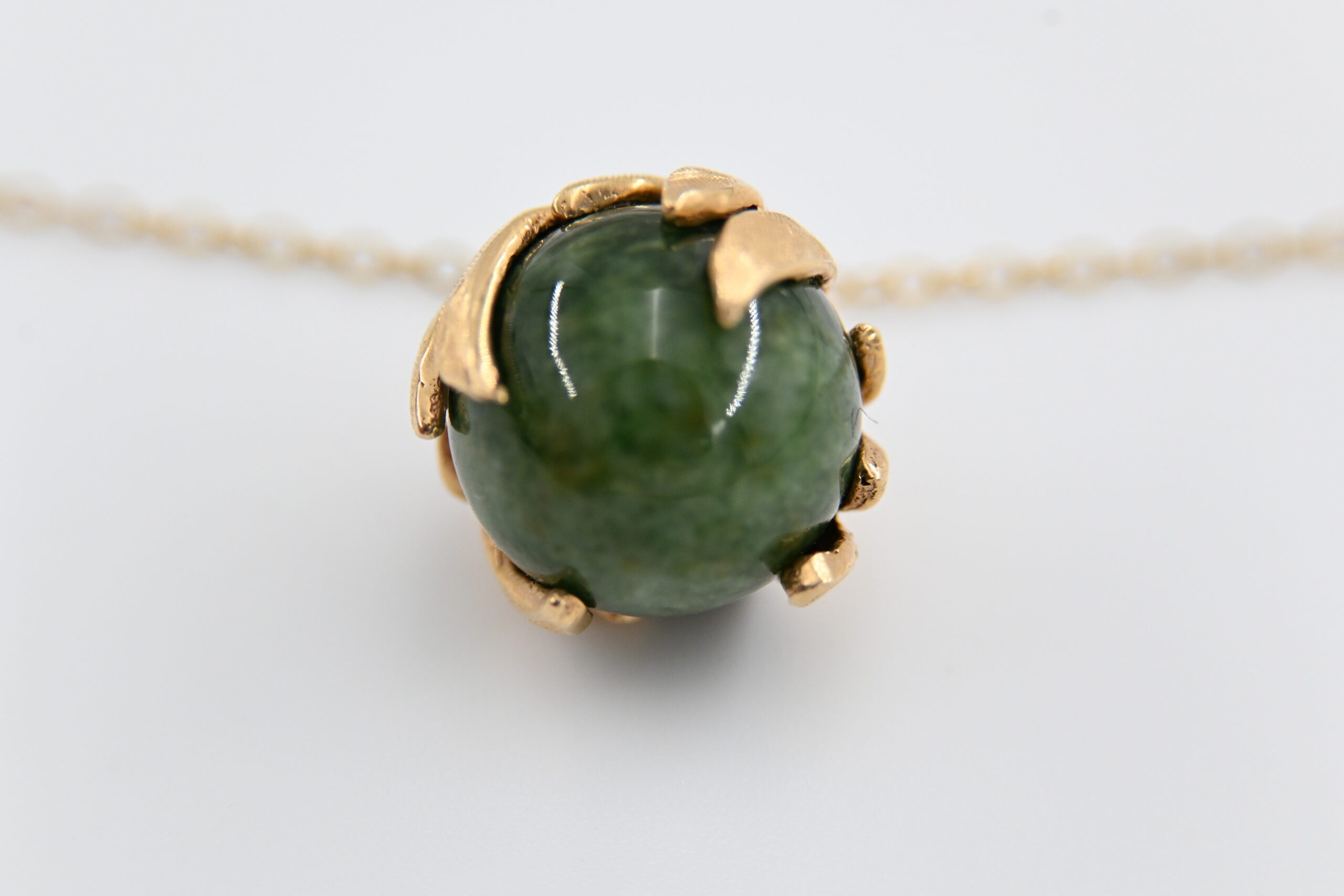 14K Yellow Gold Nephrite Jade Orb Pendant Necklace with Leaf Cage Setting - Image 6