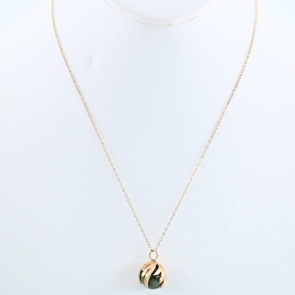 14K Yellow Gold Nephrite Jade Orb Pendant Necklace with Leaf Cage Setting