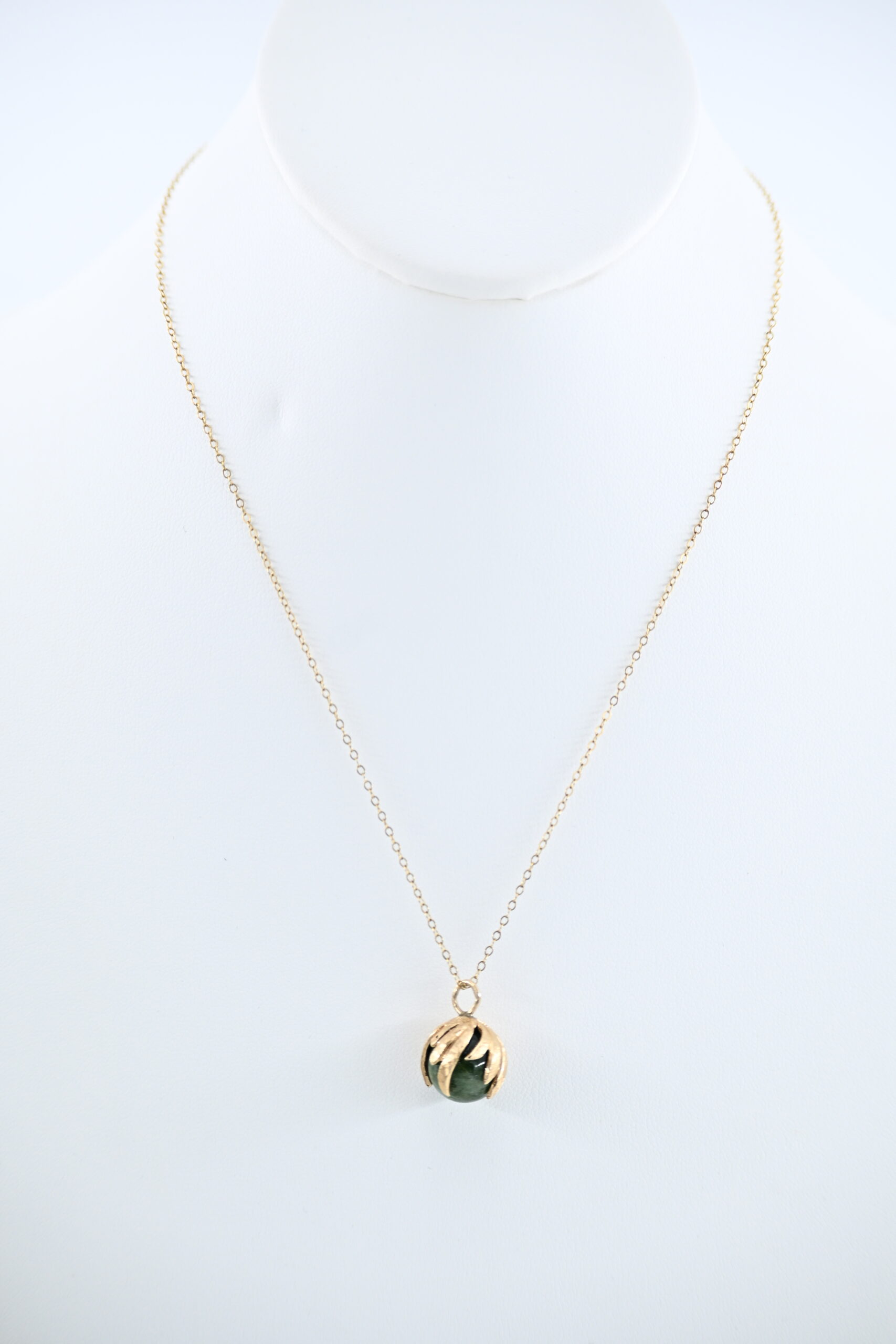 14K Yellow Gold Nephrite Jade Orb Pendant Necklace with Leaf Cage Setting