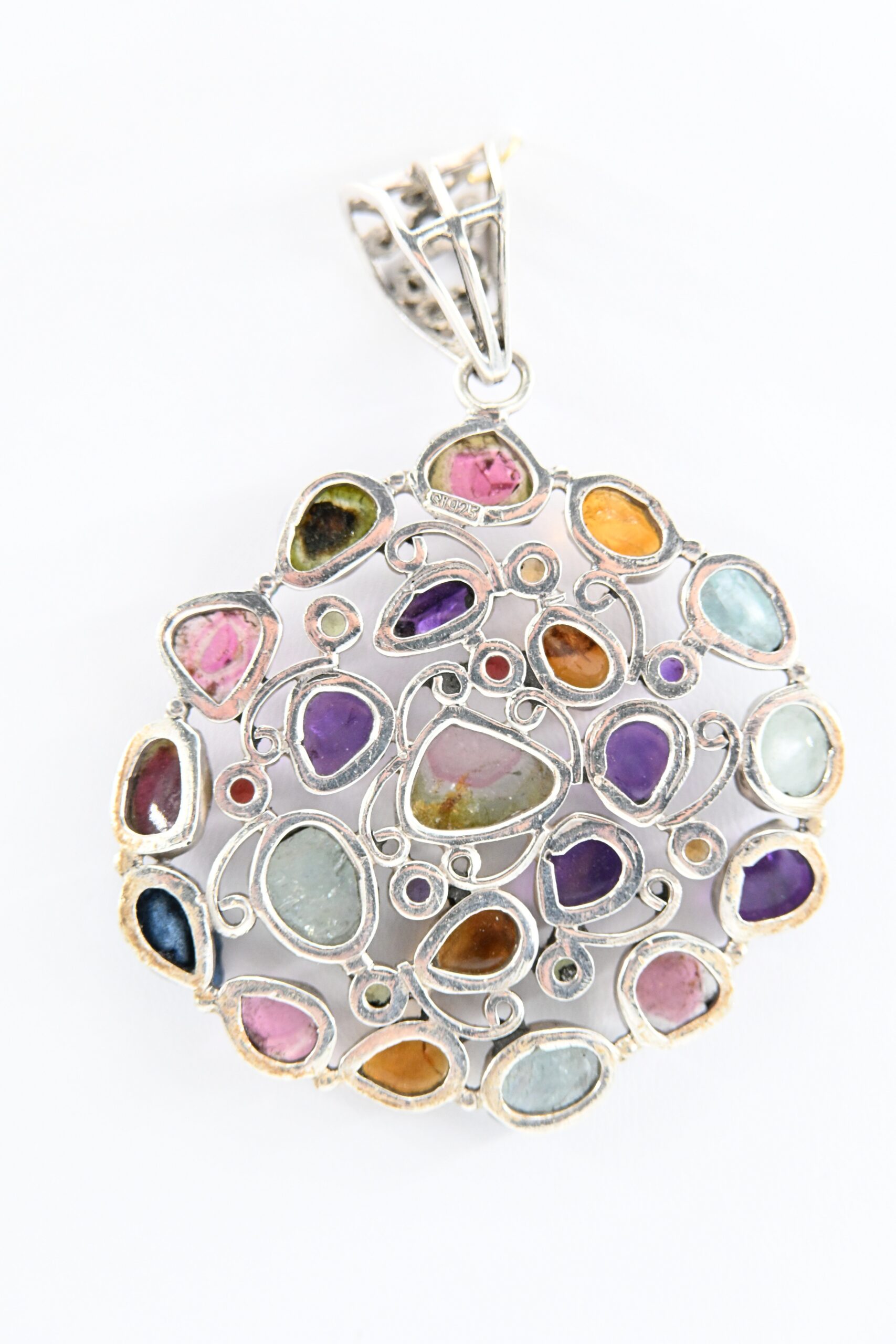 Sterling Silver Massive Modernist Sterling Silver Pendant with Multi-color Stones - Image 2