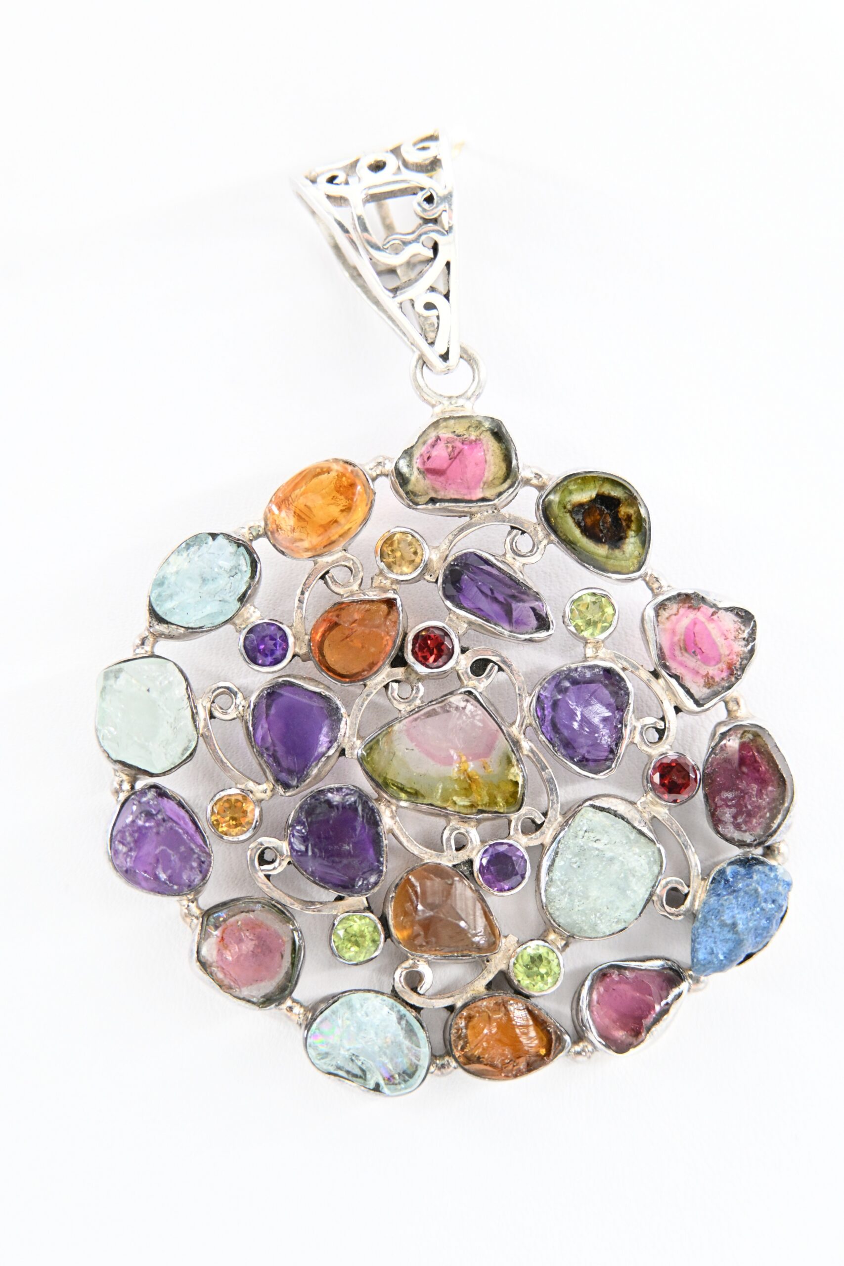 Sterling Silver Massive Modernist Sterling Silver Pendant with Multi-color Stones