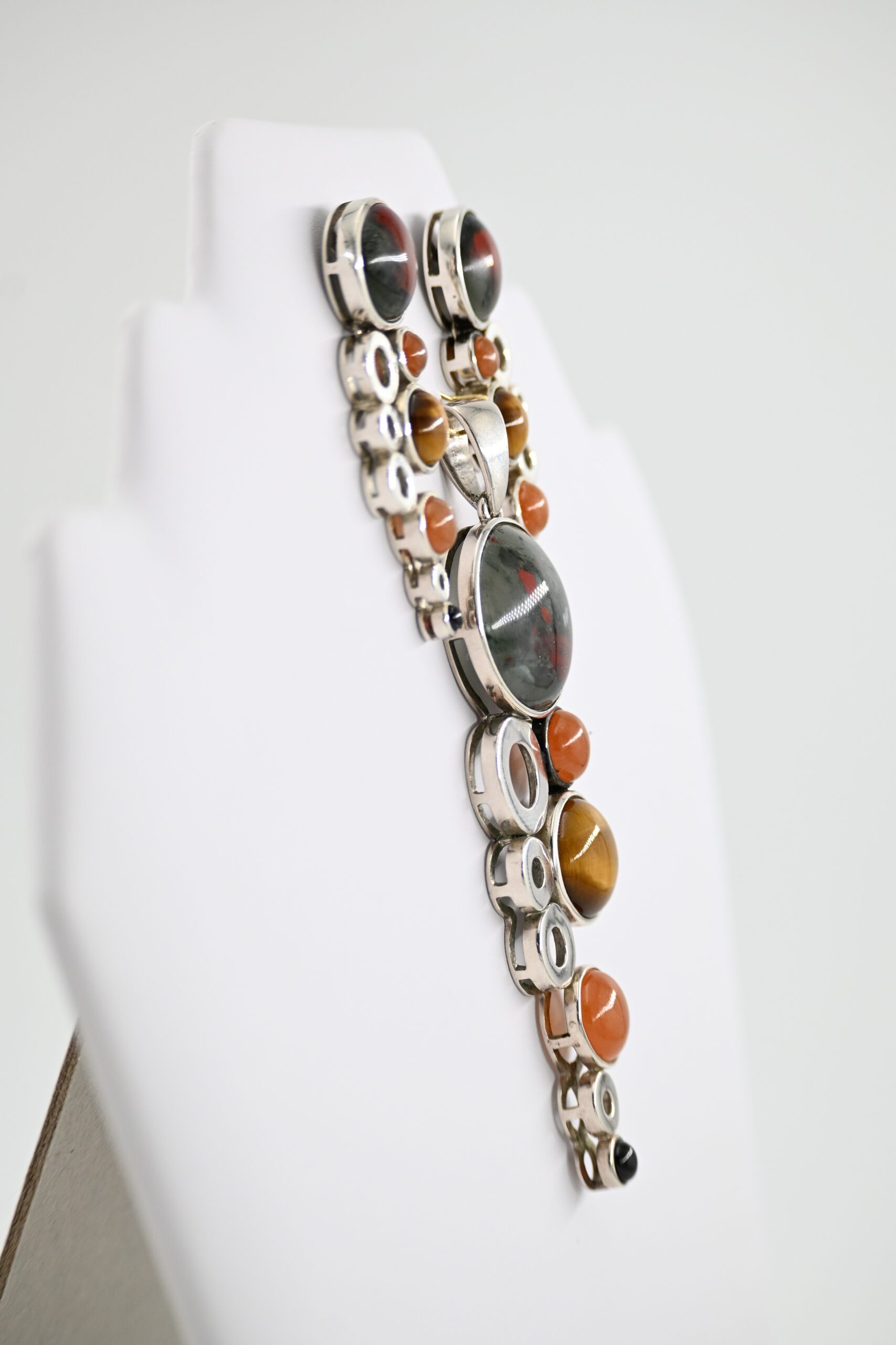 Sterling Silver Modernist Multi-Gemstone Cabochon Pendant and Earrings Set Signed WK - Image 2
