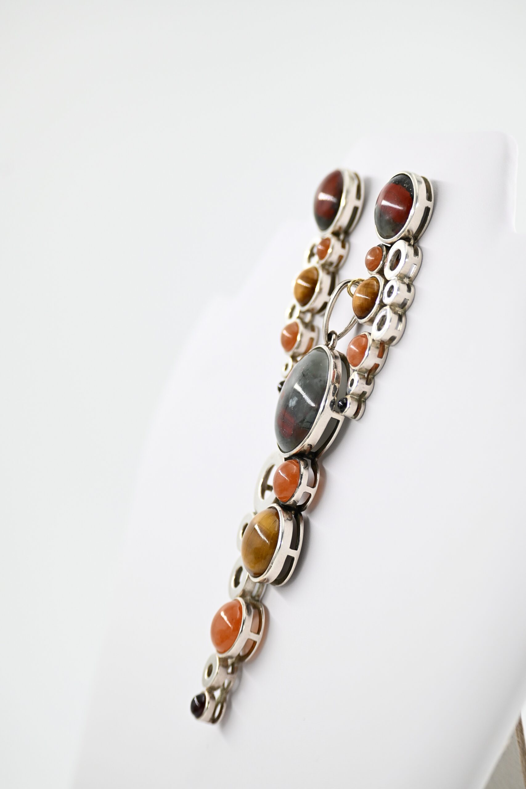 Sterling Silver Modernist Multi-Gemstone Cabochon Pendant and Earrings Set Signed WK - Image 3