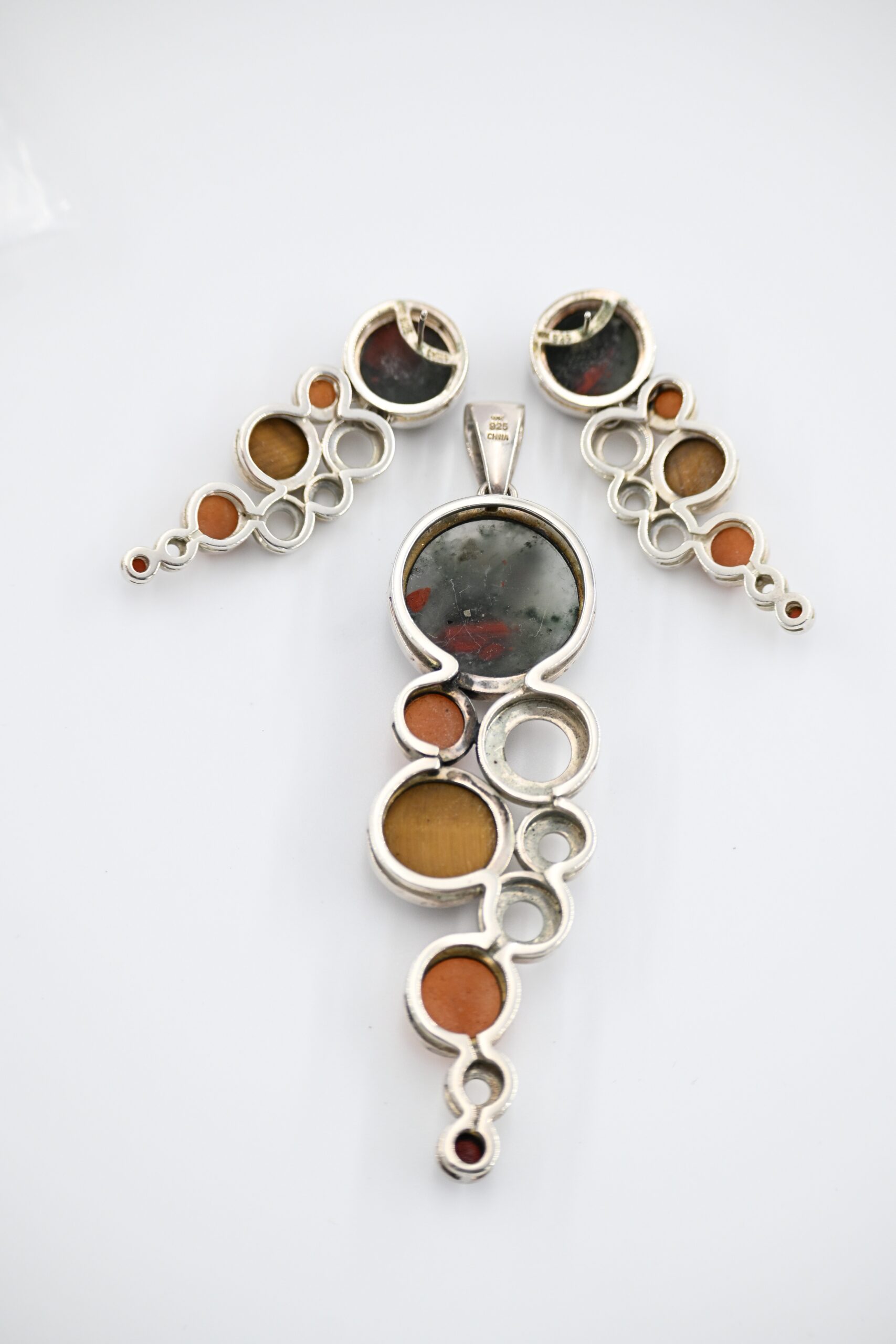 Sterling Silver Modernist Multi-Gemstone Cabochon Pendant and Earrings Set Signed WK - Image 4