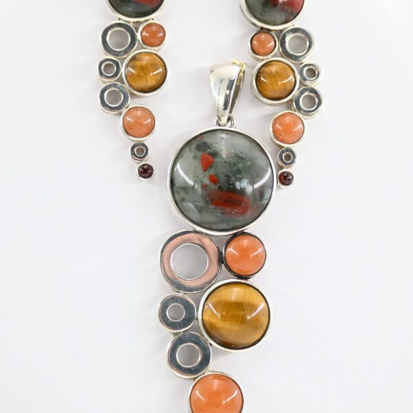 Sterling Silver Modernist Multi-Gemstone Cabochon Pendant and Earrings Set Signed WK