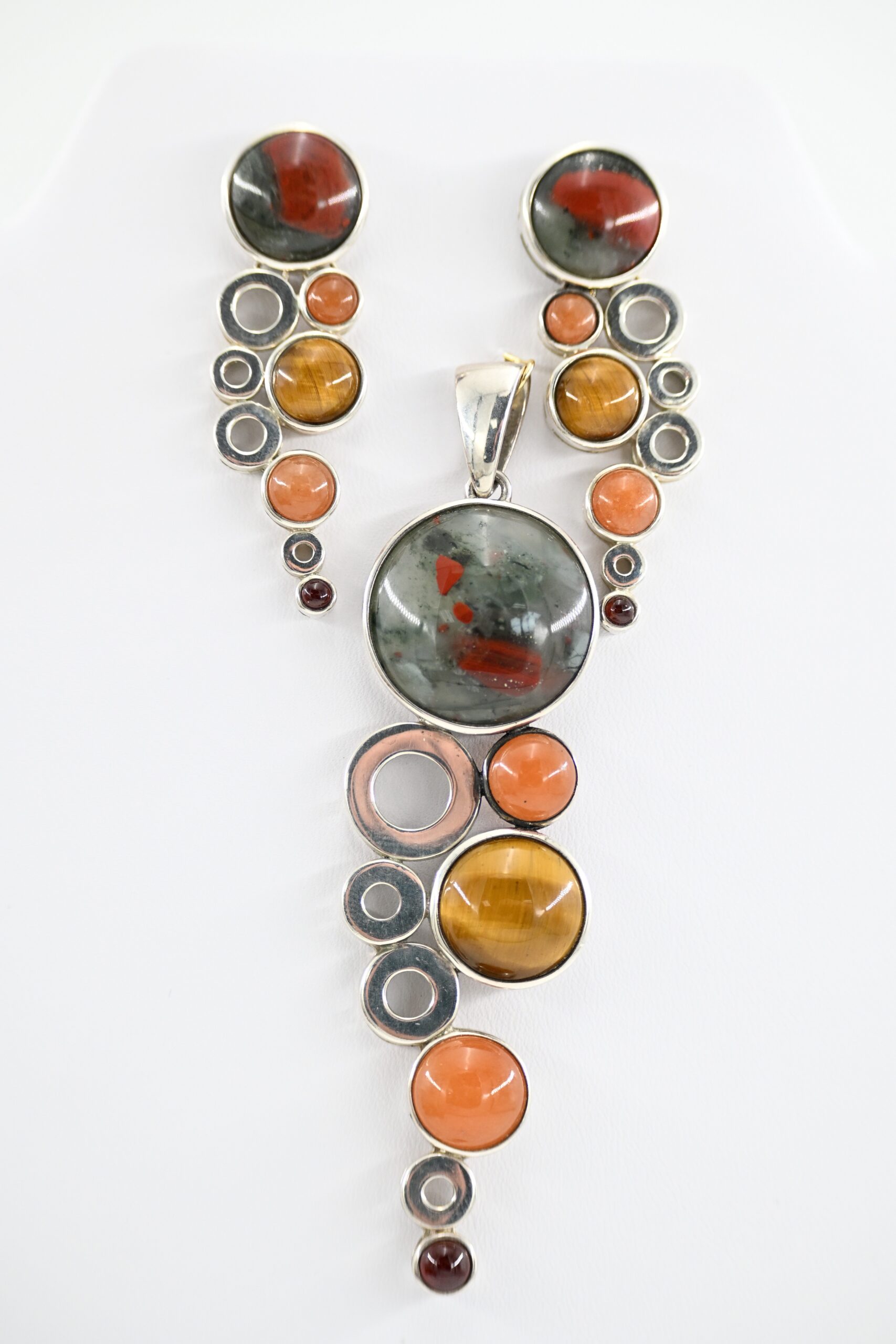 Sterling Silver Modernist Multi-Gemstone Cabochon Pendant and Earrings Set Signed WK