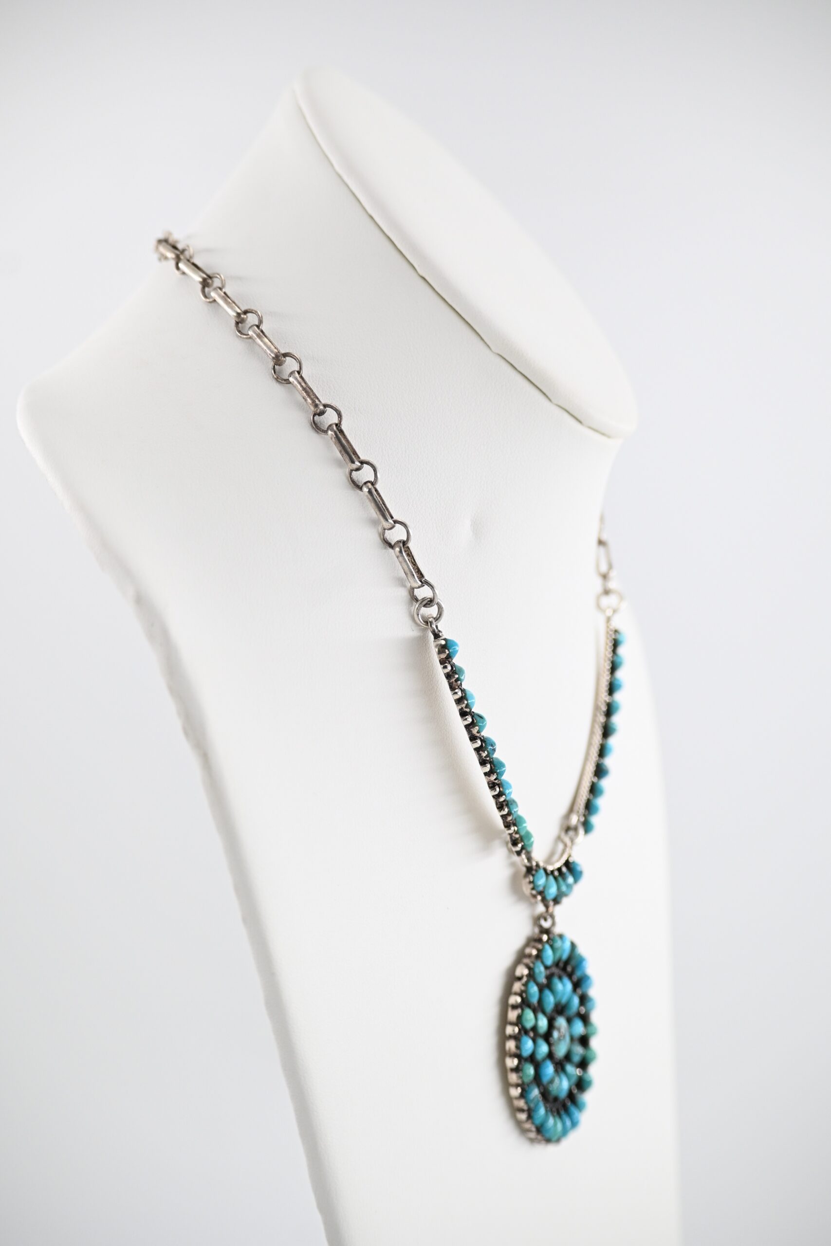 Zuni Style Sterling Silver Petit Point Turquoise Cluster Pendant Necklace - Image 2