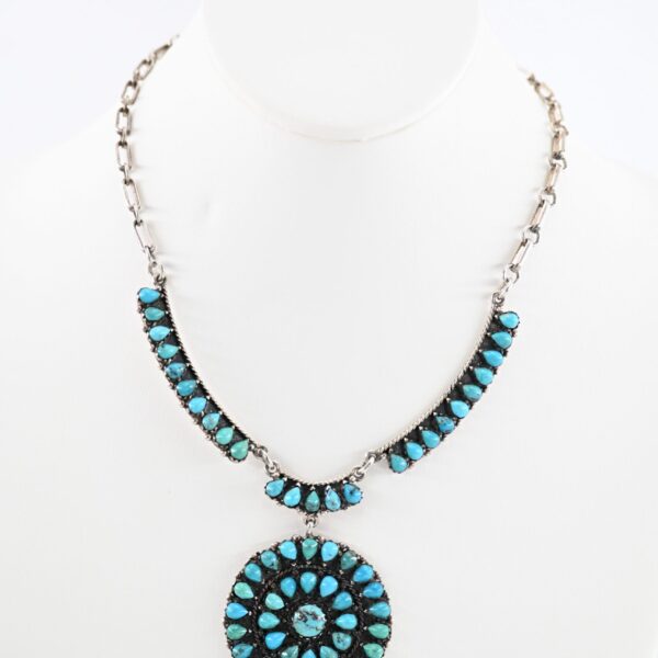 Zuni Style Sterling Silver Petit Point Turquoise Cluster Pendant Necklace