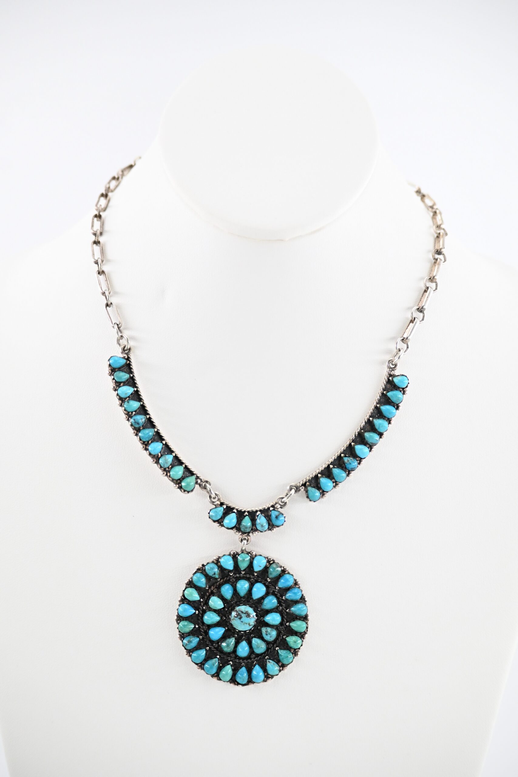 Zuni Style Sterling Silver Petit Point Turquoise Cluster Pendant Necklace