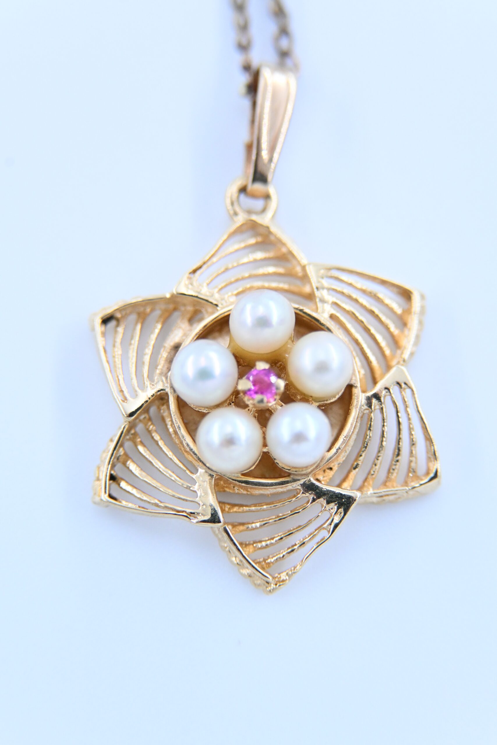 14k Yellow Gold Six-Point Star Pendant with Pearls and Ruby on Gold Filled Chain - Image 4