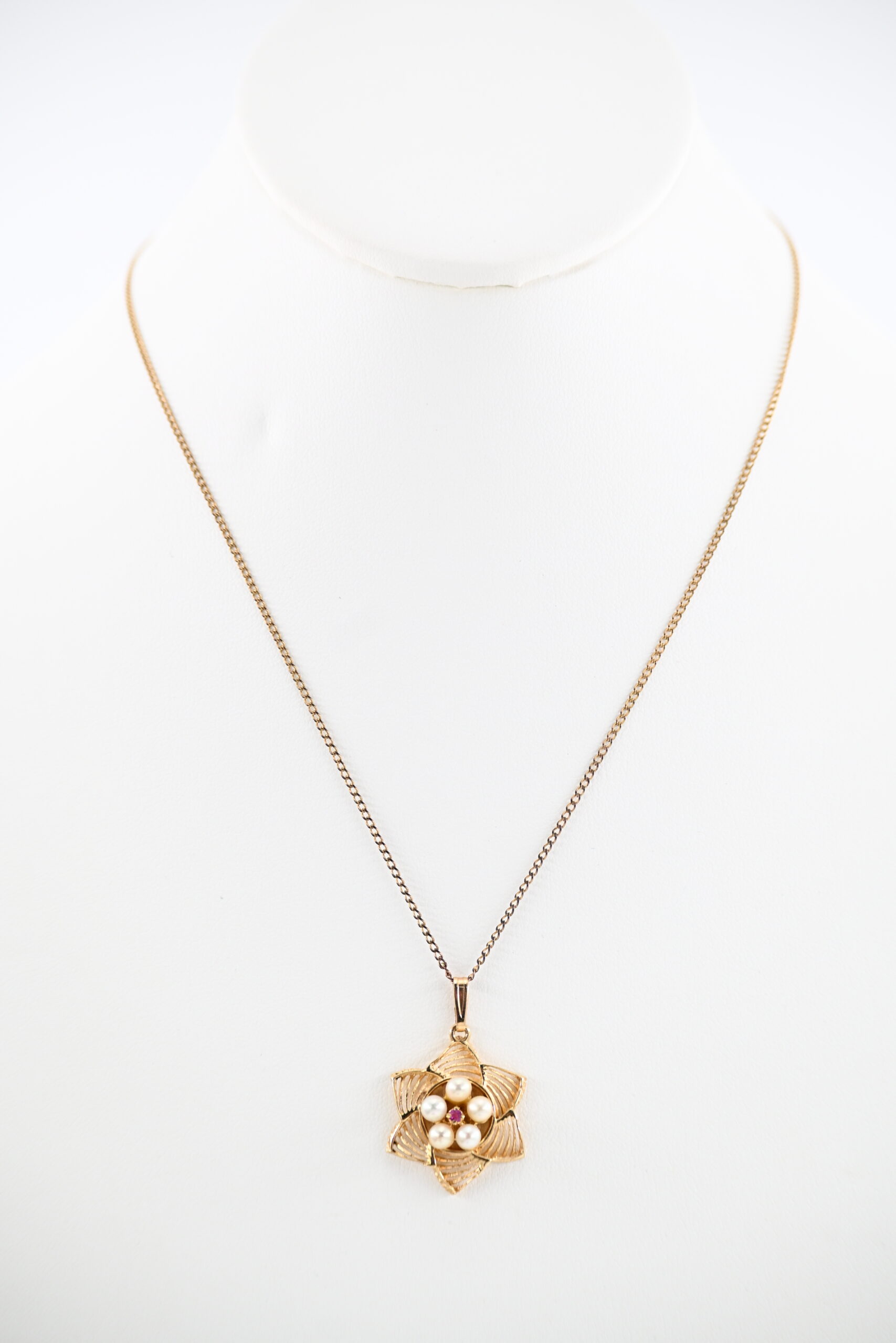 14k Yellow Gold Six-Point Star Pendant with Pearls and Ruby on Gold Filled Chain