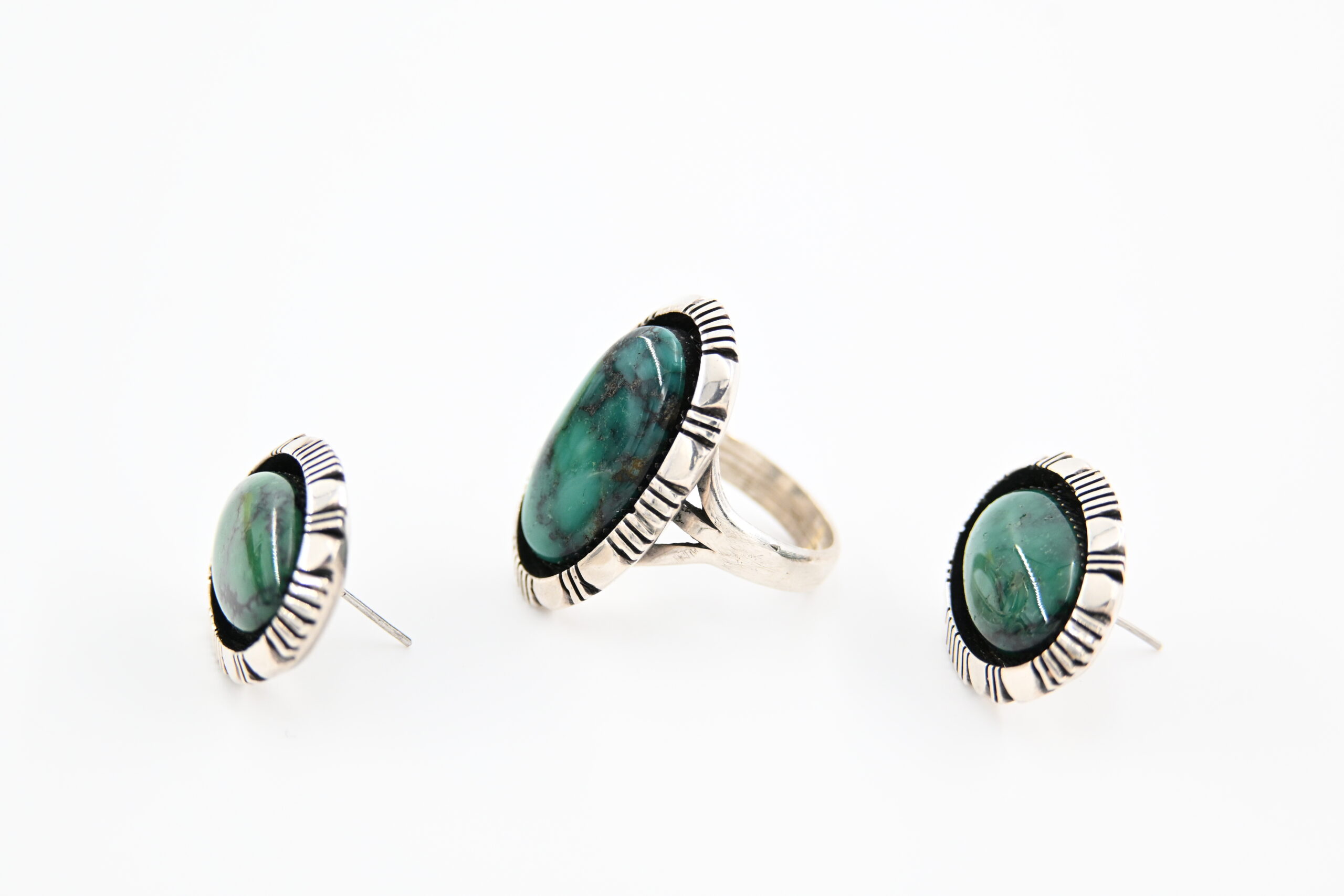 Native American Style Sterling Silver Green Turquoise Ring and Earrings Set - Image 2