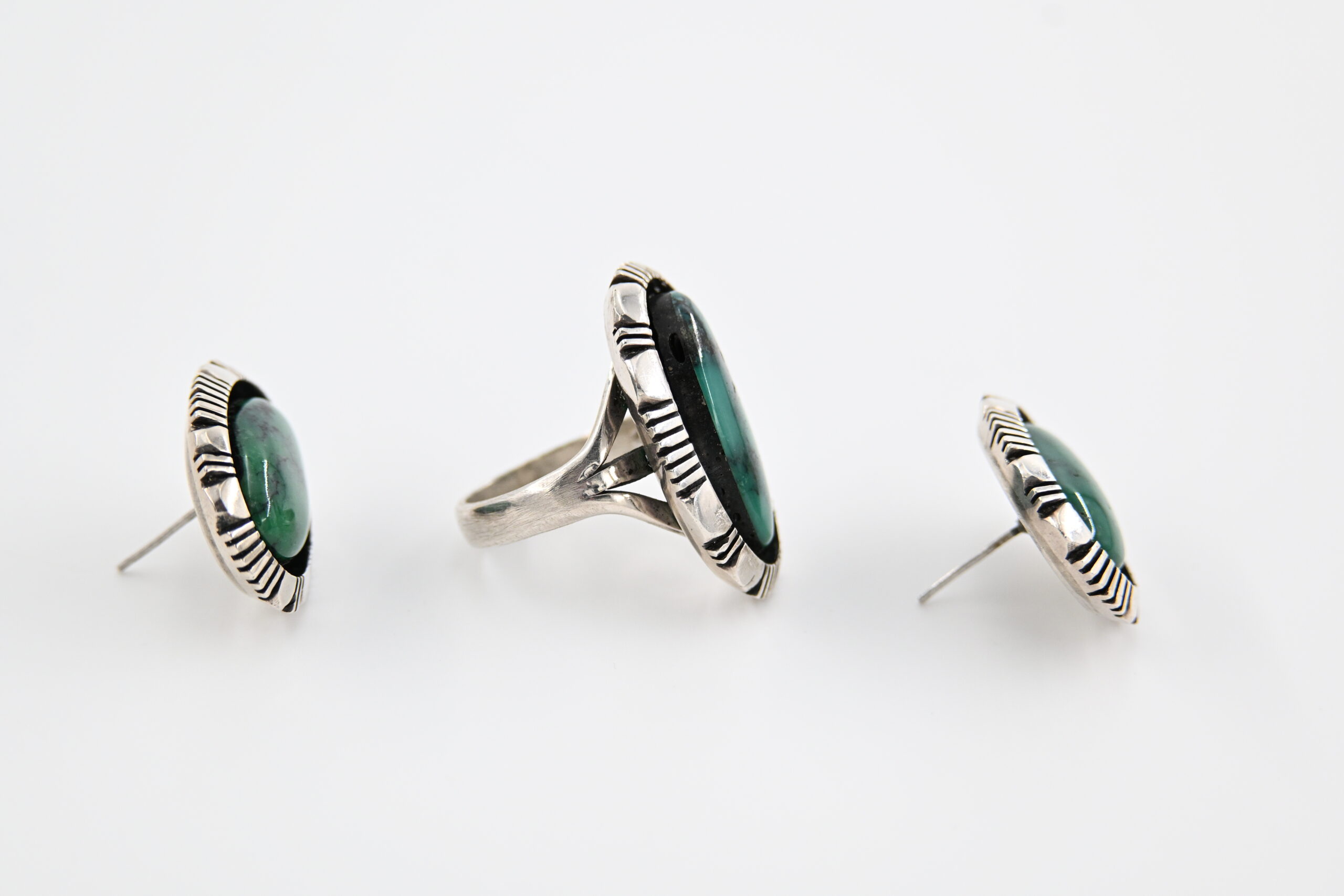 Native American Style Sterling Silver Green Turquoise Ring and Earrings Set - Image 4