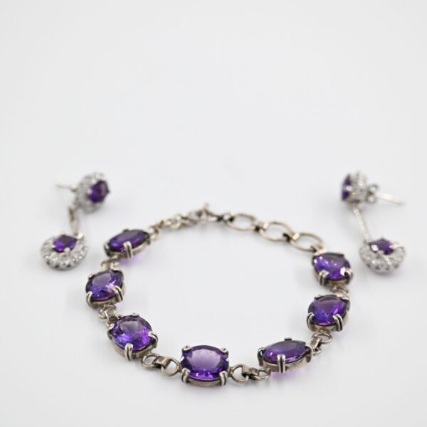 Sterling Silver Amethyst Bracelet and Drop Earrings Set with CZ Halos