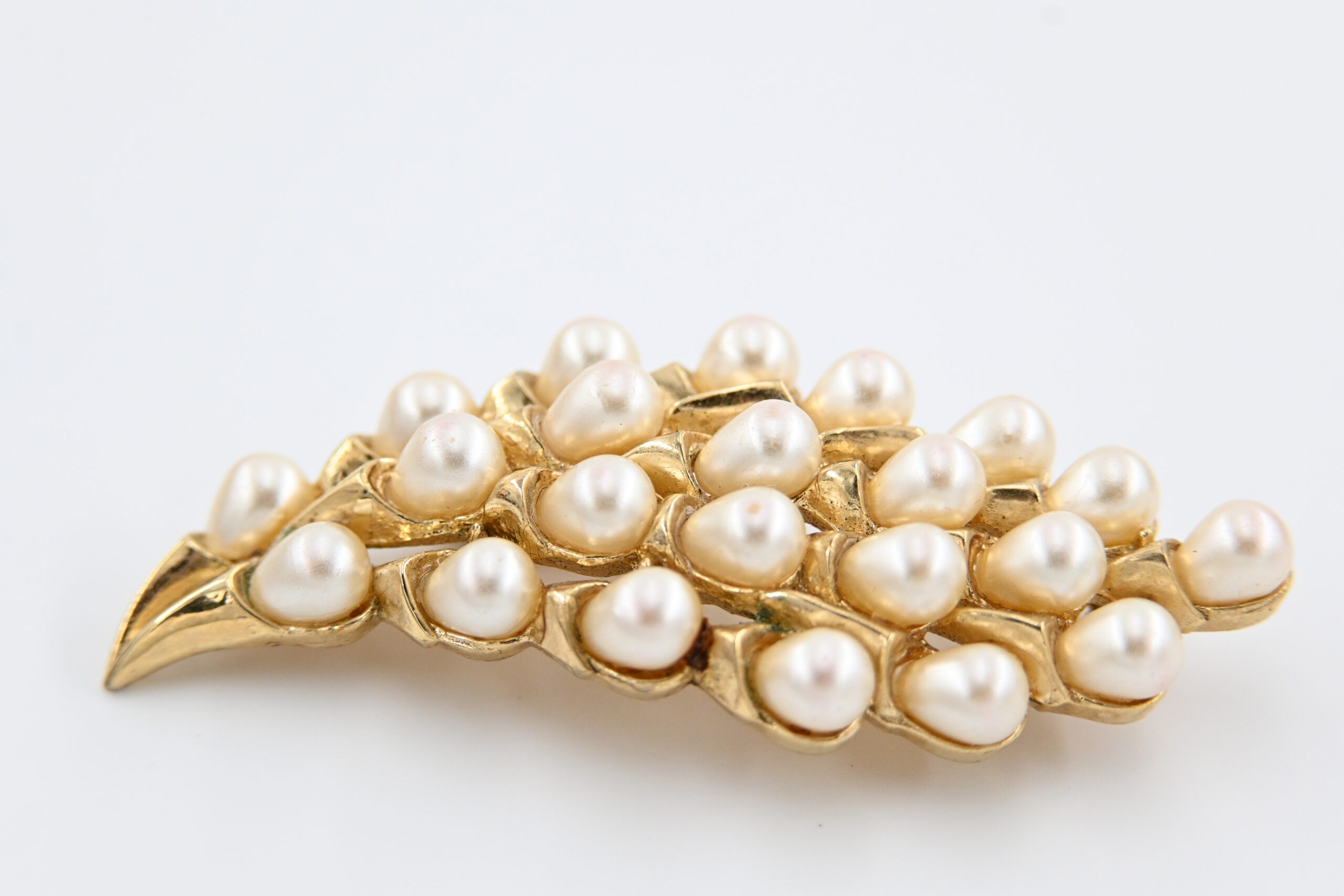 Vintage Trifari Gold Tone Faux Pearl Cluster Leaf Brooch