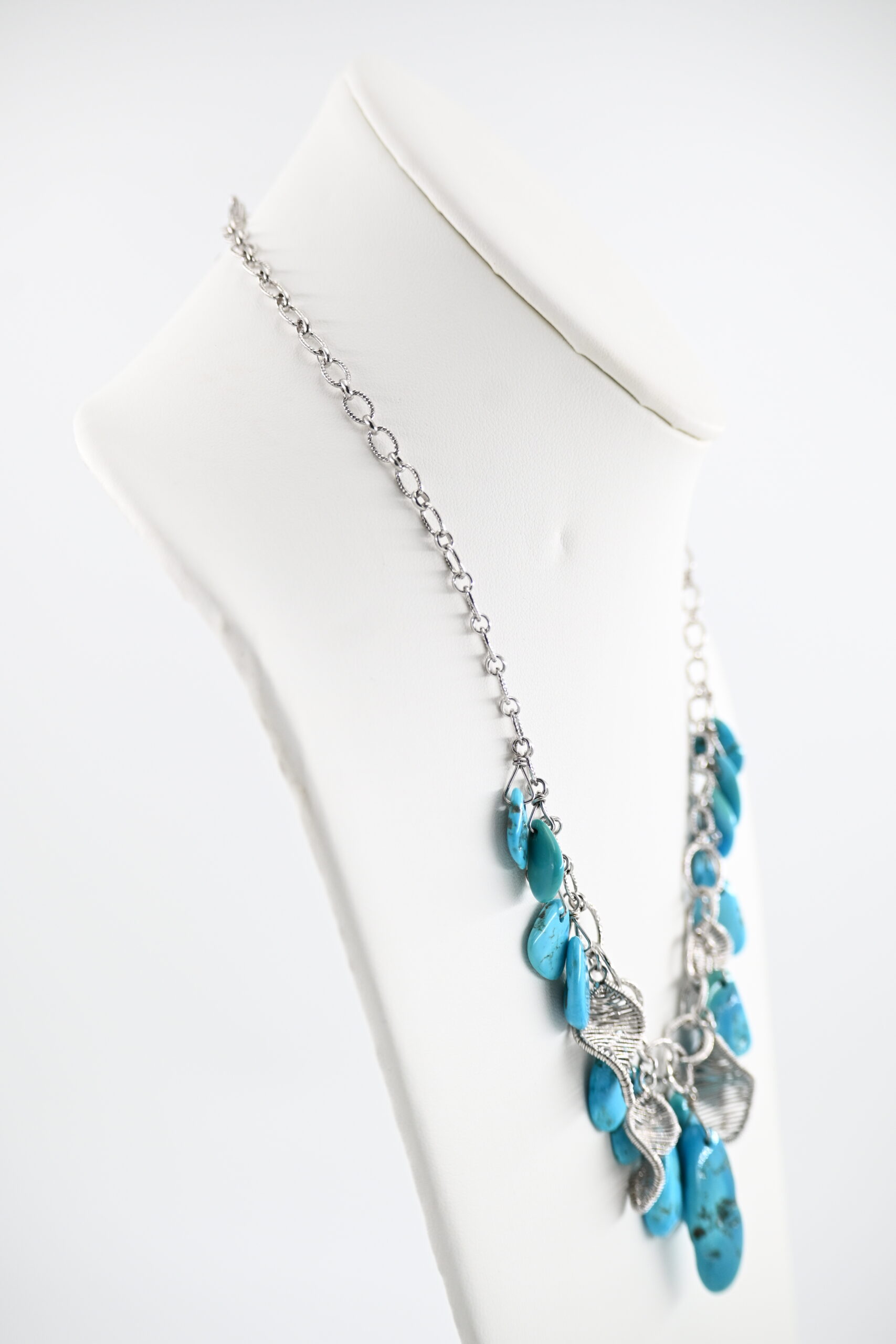 Sterling Silver Turquoise Nugget Cluster Bib Necklace with Woven Wire Leaf Accents - Image 2