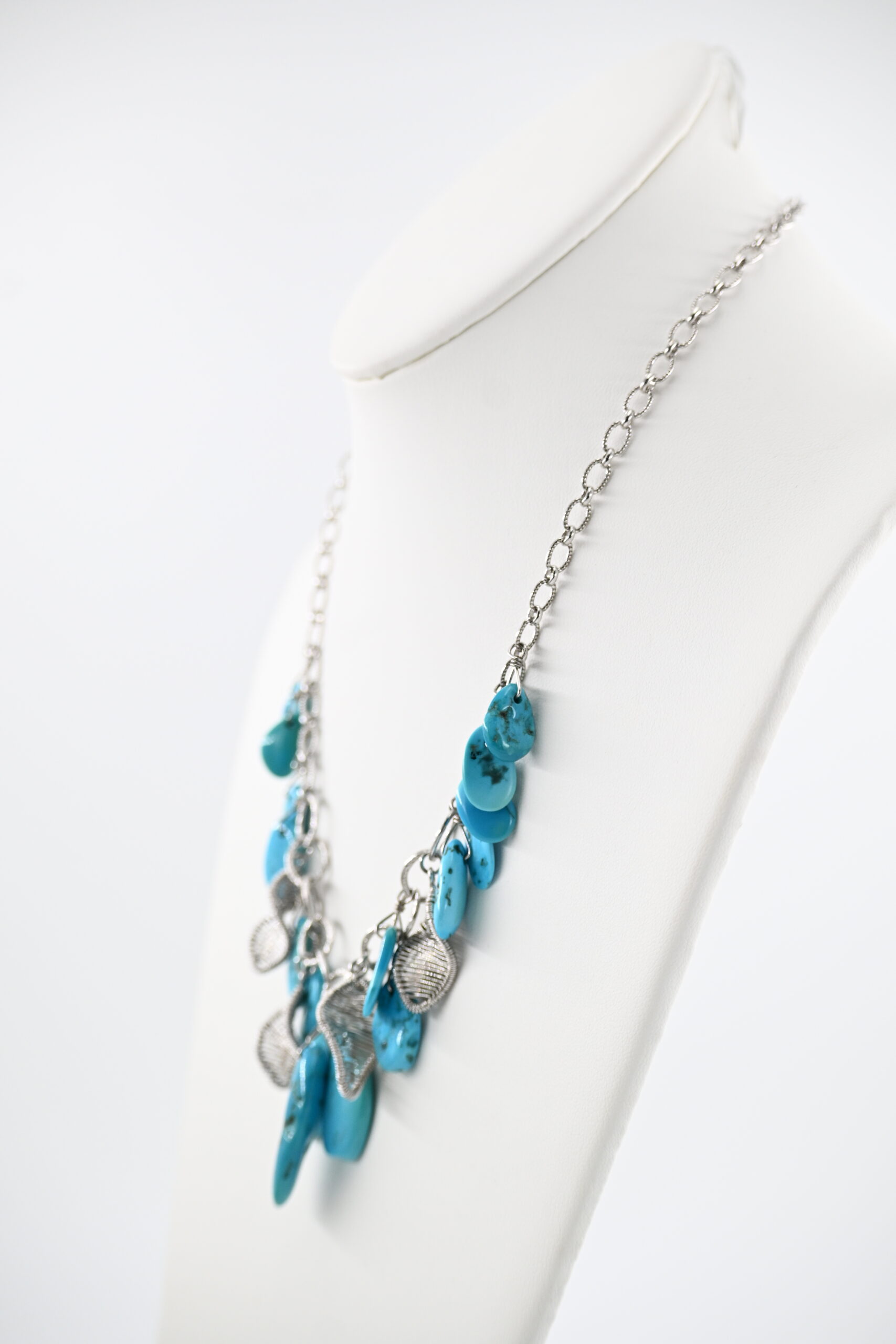 Sterling Silver Turquoise Nugget Cluster Bib Necklace with Woven Wire Leaf Accents - Image 3