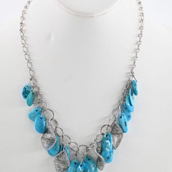 Sterling Silver Turquoise Nugget Cluster Bib Necklace with Woven Wire Leaf Accents