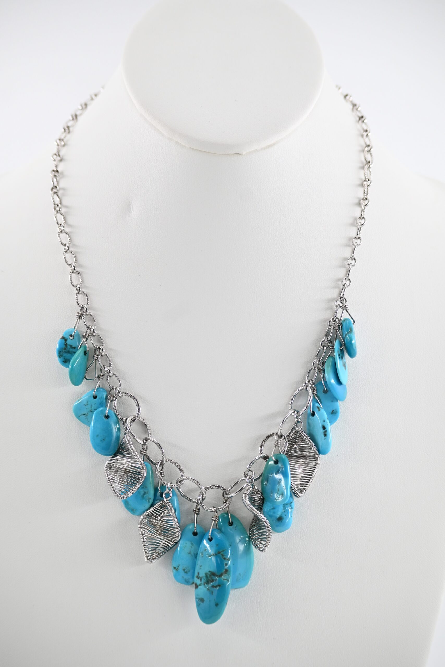 Sterling Silver Turquoise Nugget Cluster Bib Necklace with Woven Wire Leaf Accents