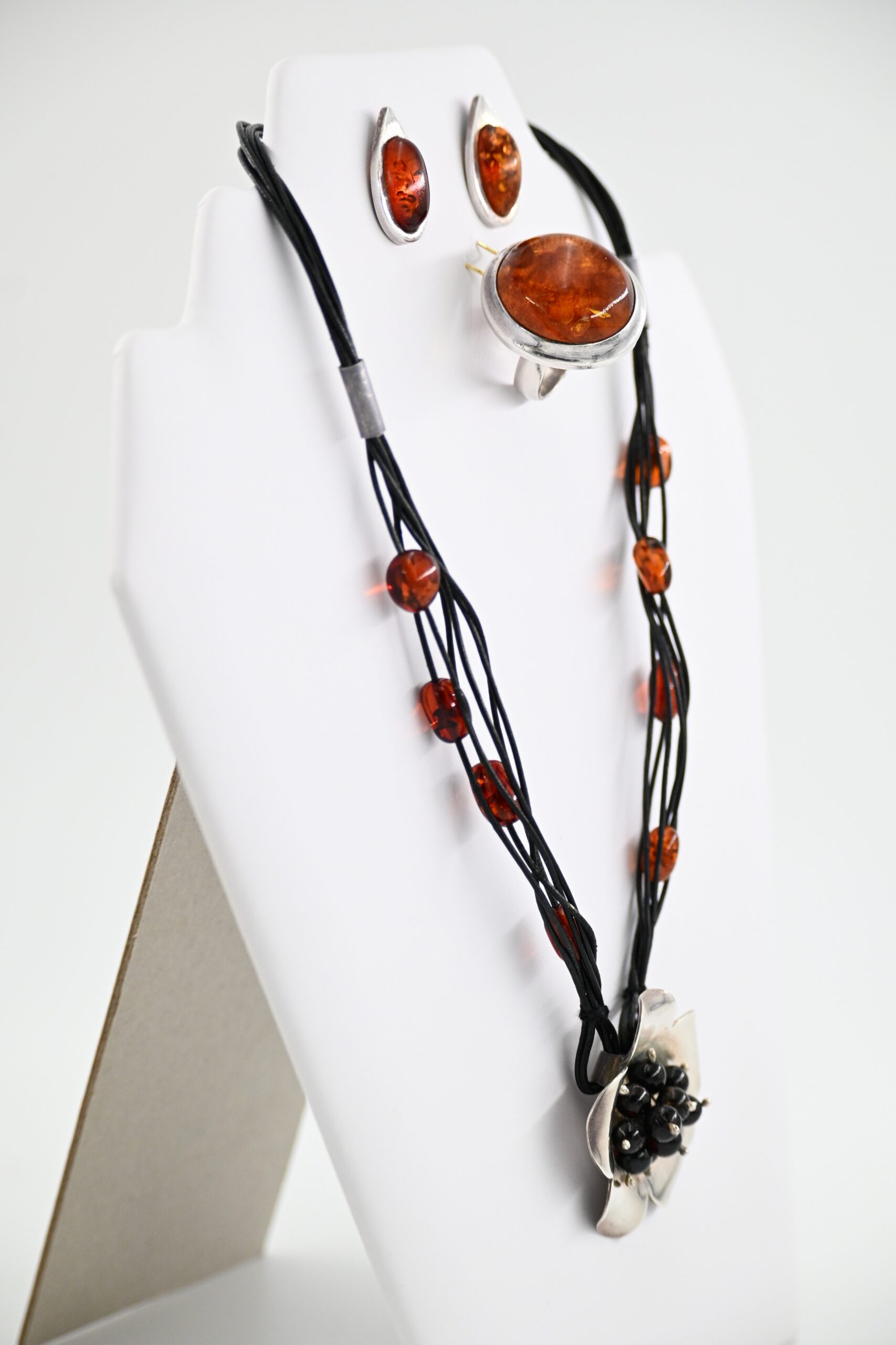 Baltic Amber Sterling Silver Suite with Earrings, Ring, and Floral Pendant Cord Necklace - Image 2