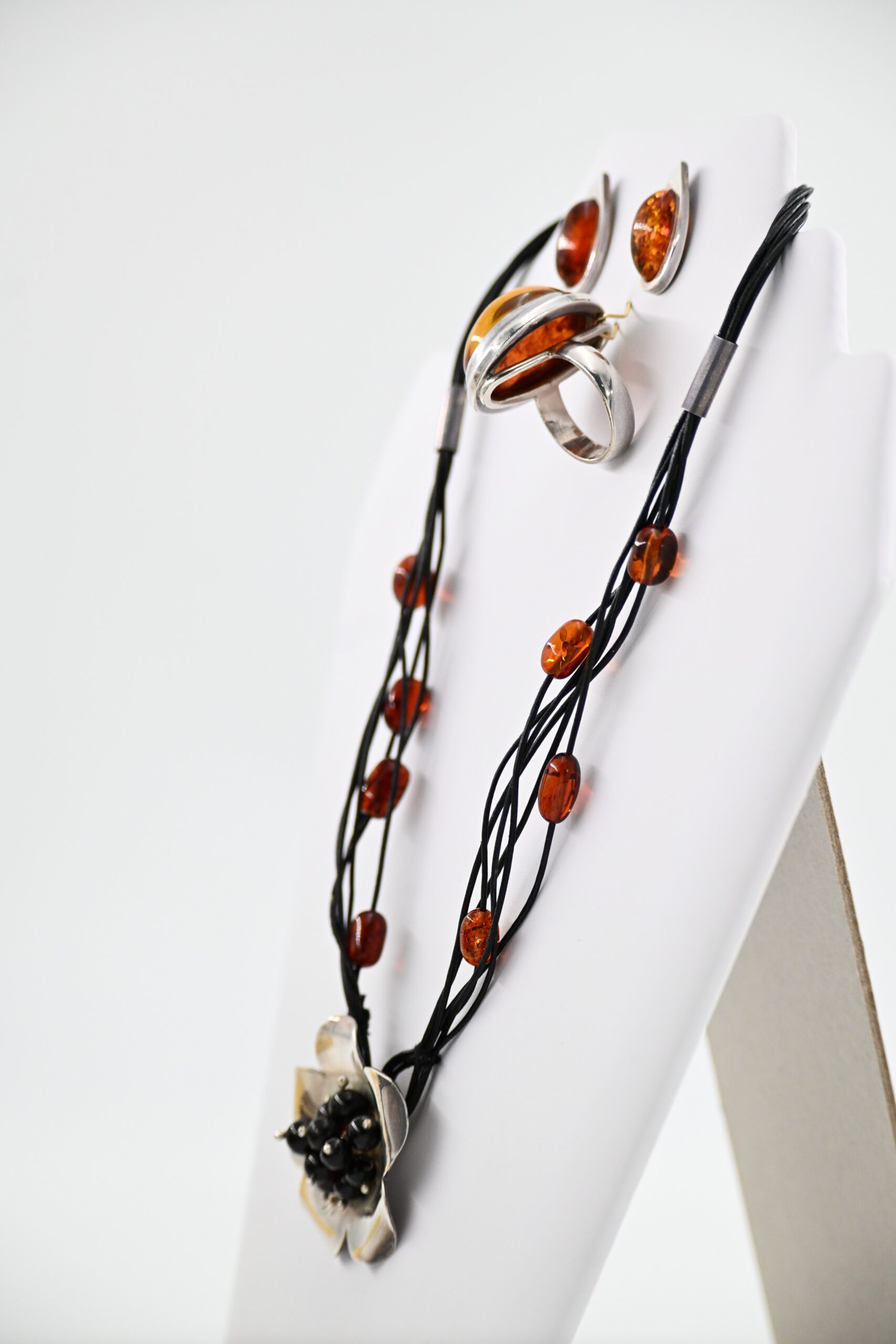 Baltic Amber Sterling Silver Suite with Earrings, Ring, and Floral Pendant Cord Necklace - Image 3