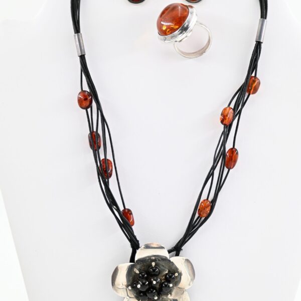 Baltic Amber Sterling Silver Suite with Earrings, Ring, and Floral Pendant Cord Necklace
