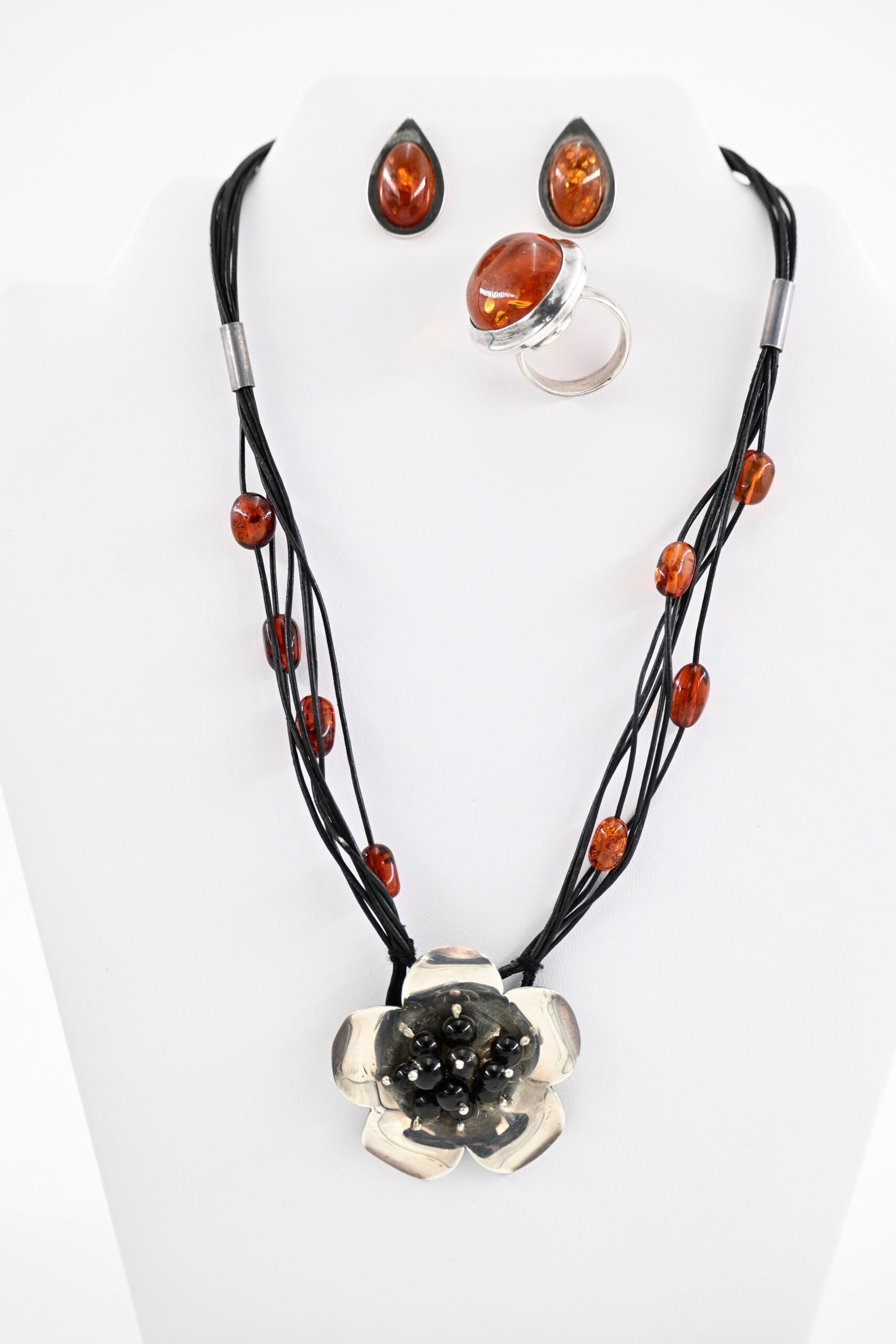 Baltic Amber Sterling Silver Suite with Earrings, Ring, and Floral Pendant Cord Necklace