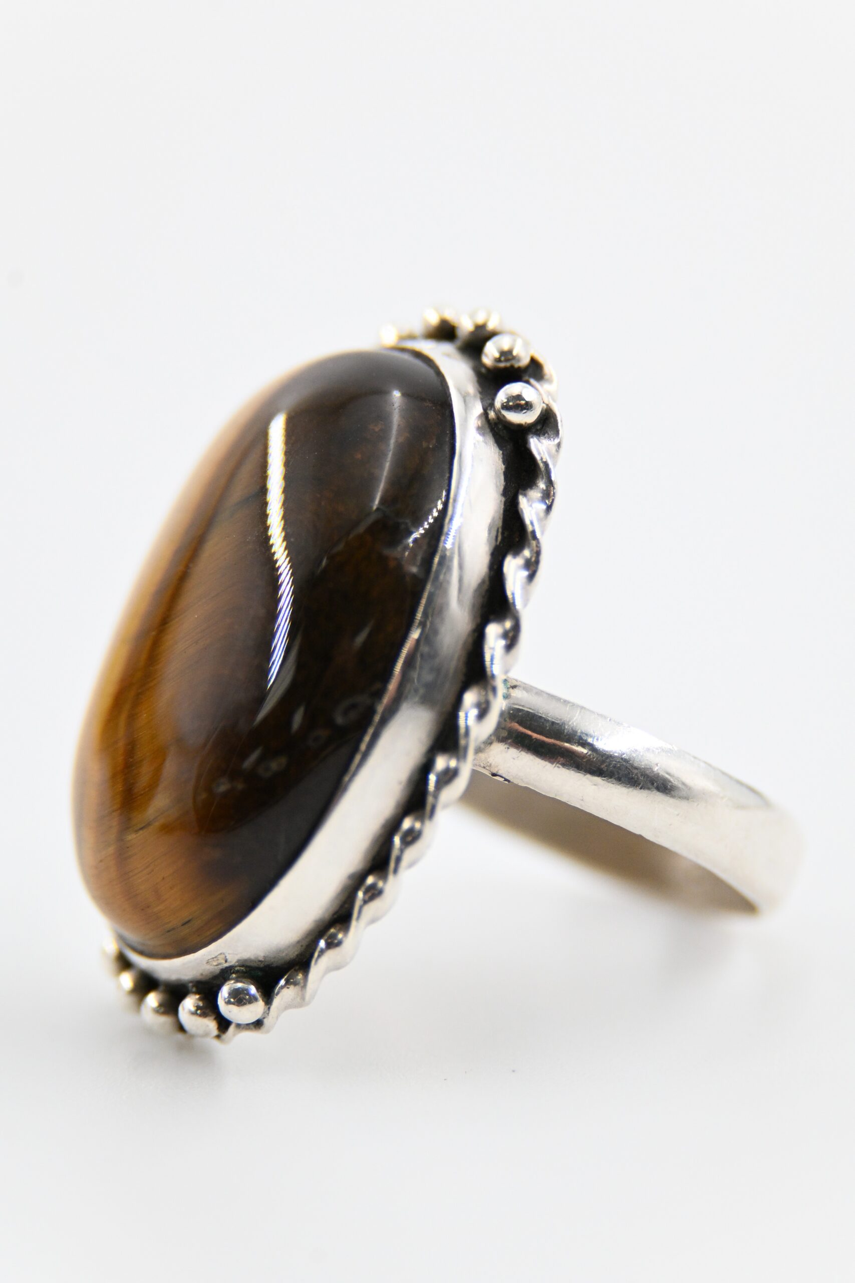 Sterling Silver Oval Tiger's Eye Cabochon Statement Ring with Twisted Rope and Bead Border - Image 2