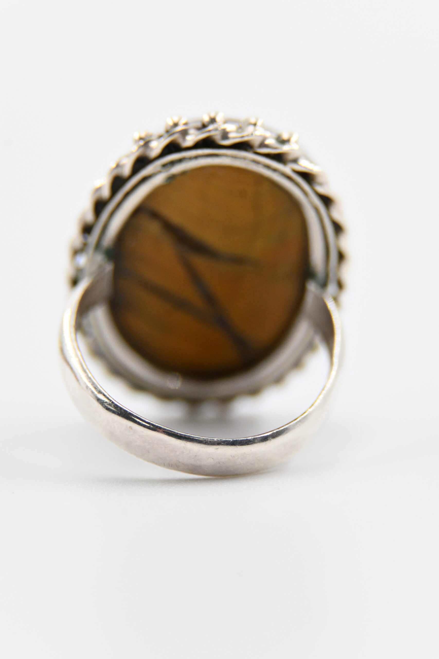 Sterling Silver Oval Tiger's Eye Cabochon Statement Ring with Twisted Rope and Bead Border - Image 3