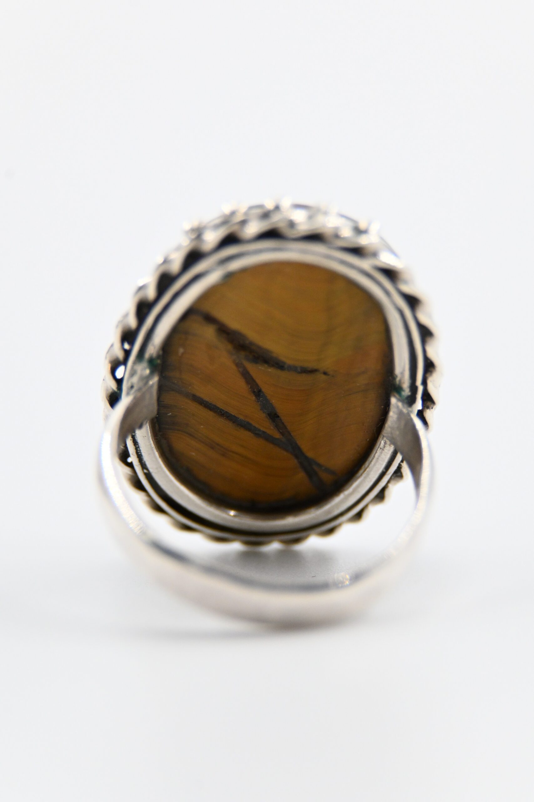 Sterling Silver Oval Tiger's Eye Cabochon Statement Ring with Twisted Rope and Bead Border - Image 4