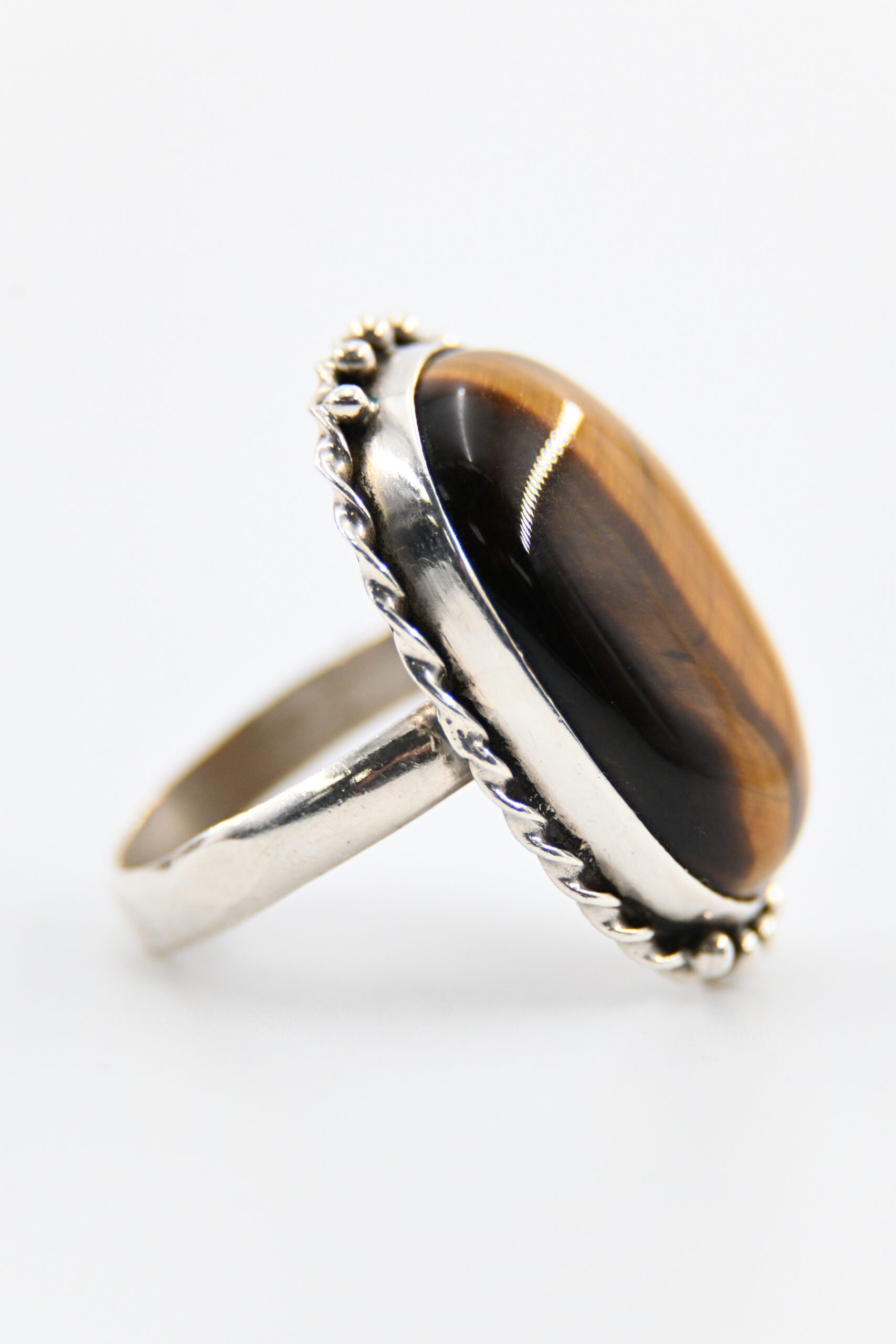 Sterling Silver Oval Tiger's Eye Cabochon Statement Ring with Twisted Rope and Bead Border - Image 5