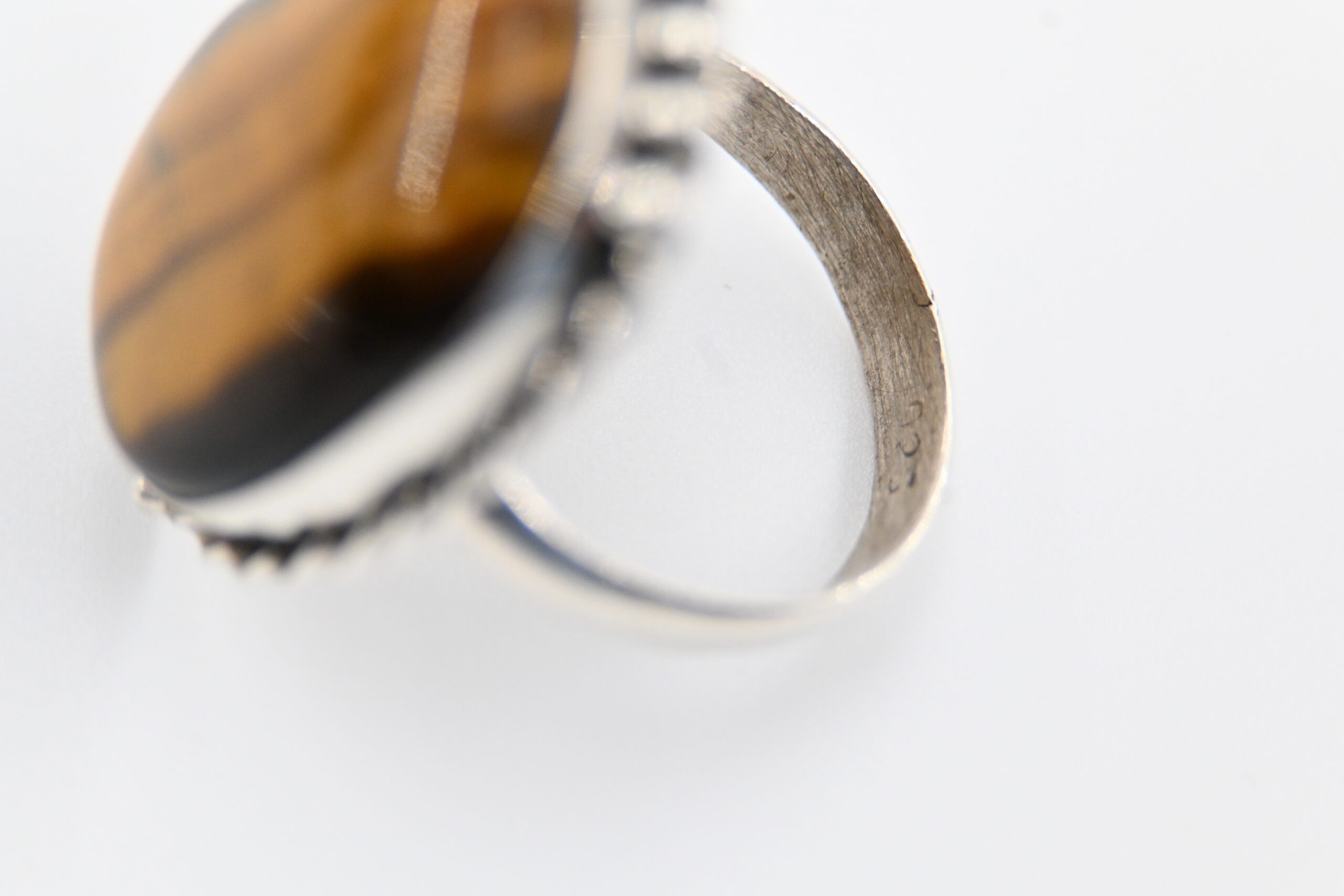 Sterling Silver Oval Tiger's Eye Cabochon Statement Ring with Twisted Rope and Bead Border - Image 6