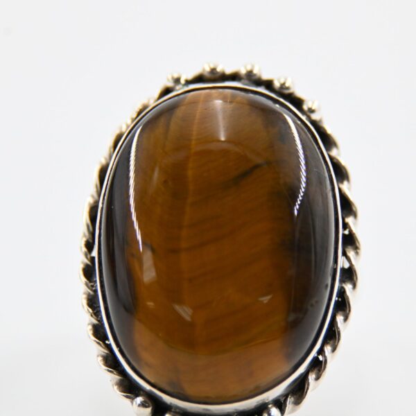 Sterling Silver Oval Tiger's Eye Cabochon Statement Ring with Twisted Rope and Bead Border
