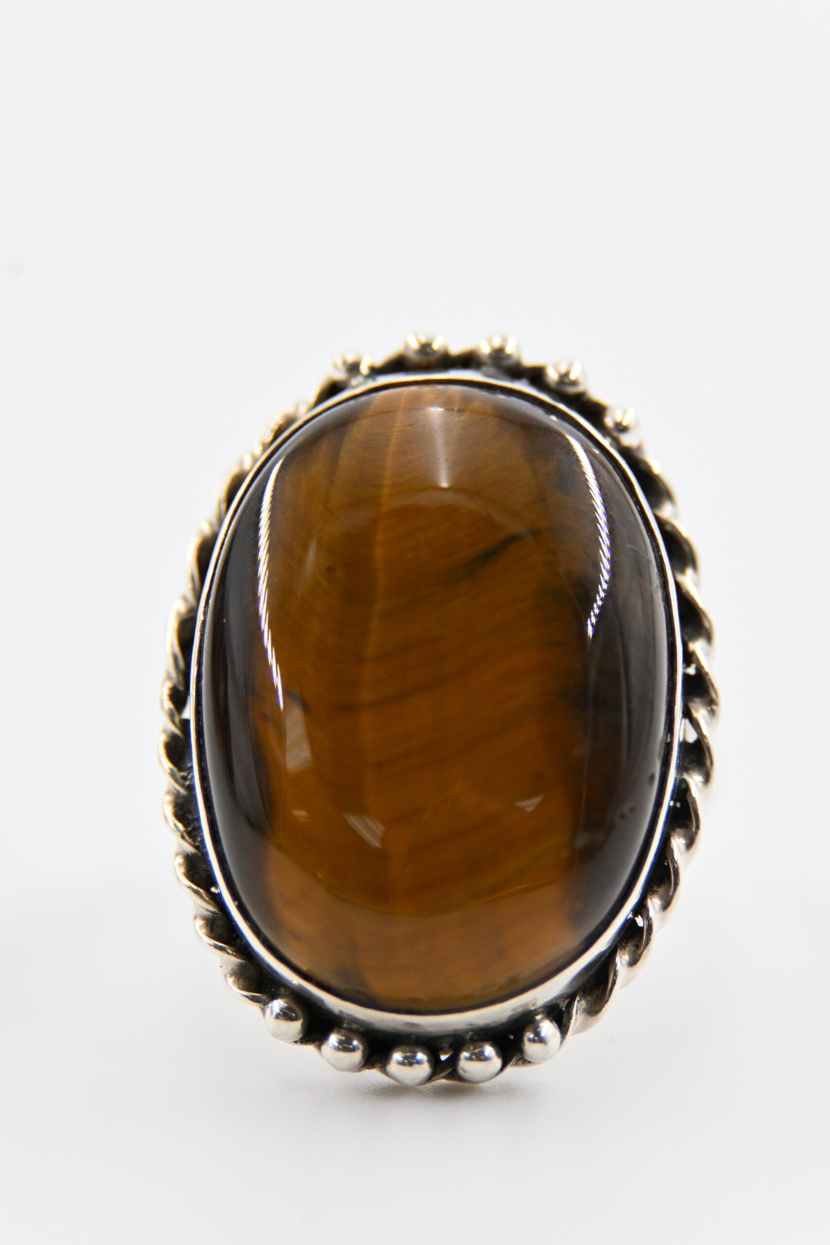 Sterling Silver Oval Tiger's Eye Cabochon Statement Ring with Twisted Rope and Bead Border
