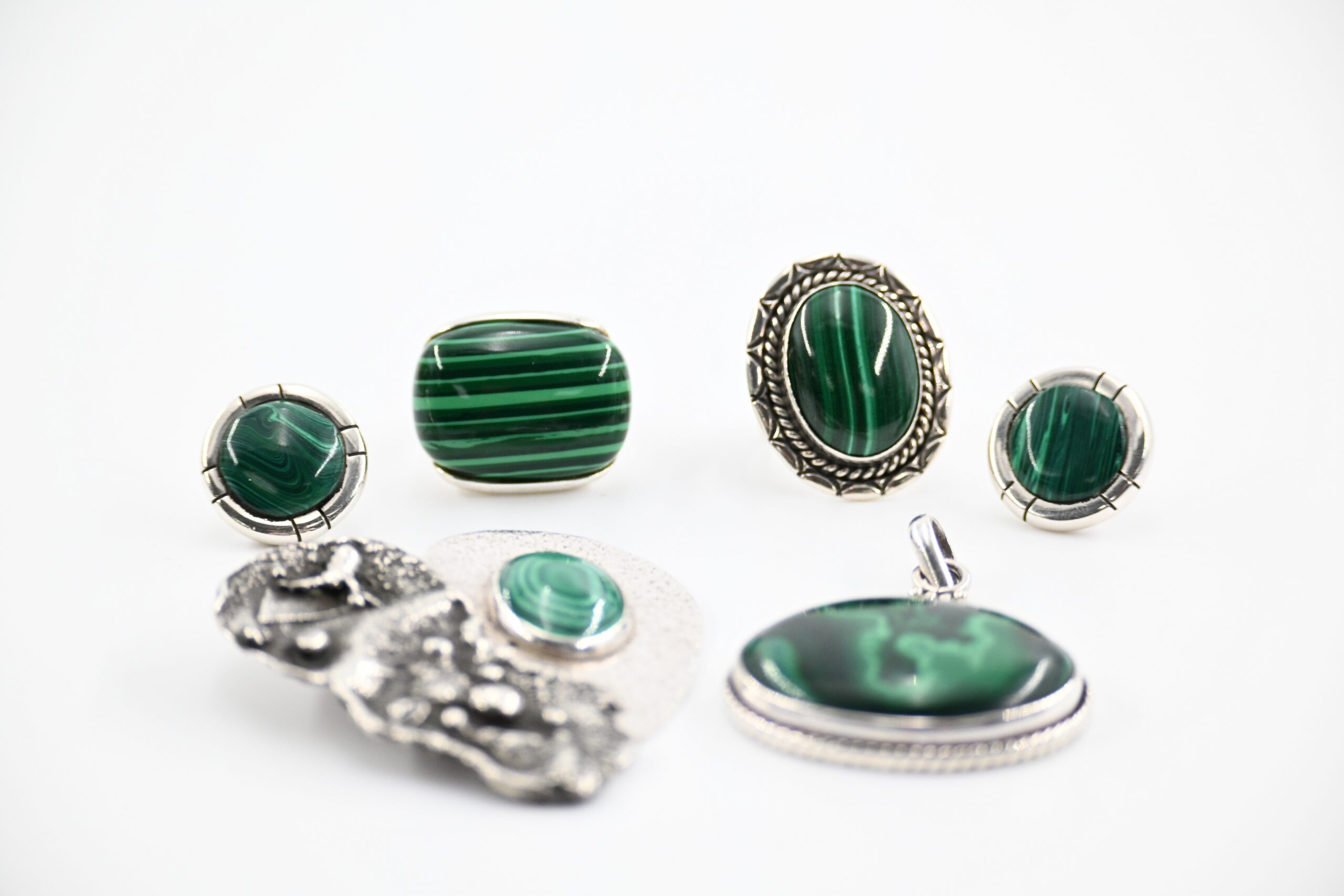 Sterling Silver and Malachite Jewelry Group with Two Rings, Pierced Earrings, and Two Pendants - Image 2