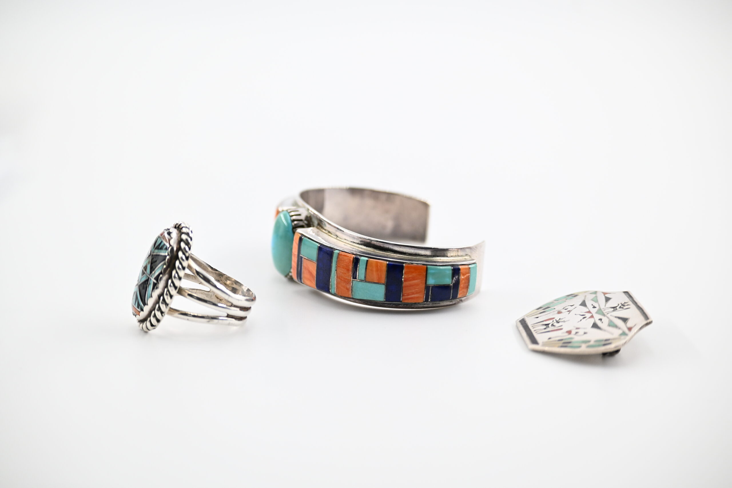 Three-Piece Native American Sterling Silver and Multi-Stone Inlay Group with Cuff, Ring, and Pin - Image 2