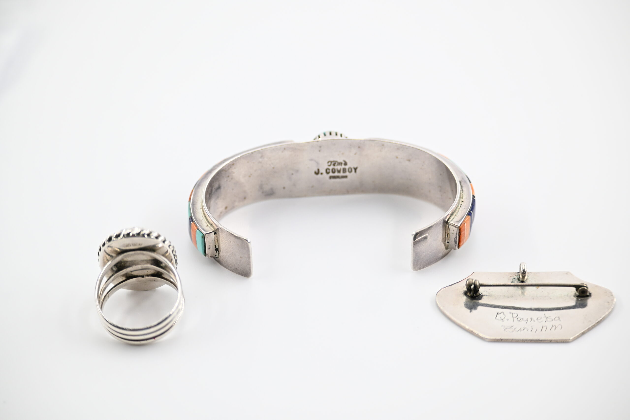 Three-Piece Native American Sterling Silver and Multi-Stone Inlay Group with Cuff, Ring, and Pin - Image 3