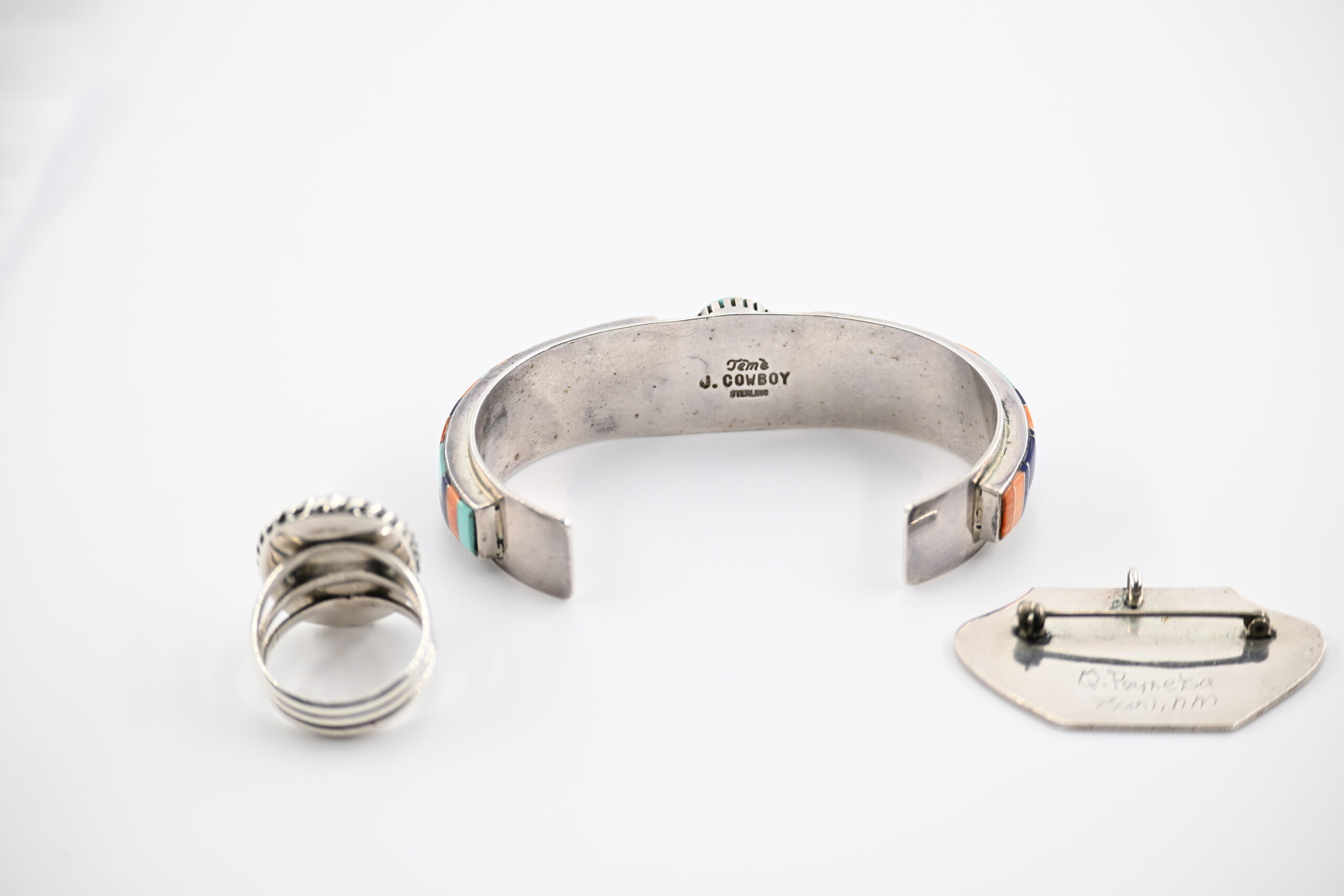 Three-Piece Native American Sterling Silver and Multi-Stone Inlay Group with Cuff, Ring, and Pin - Image 4