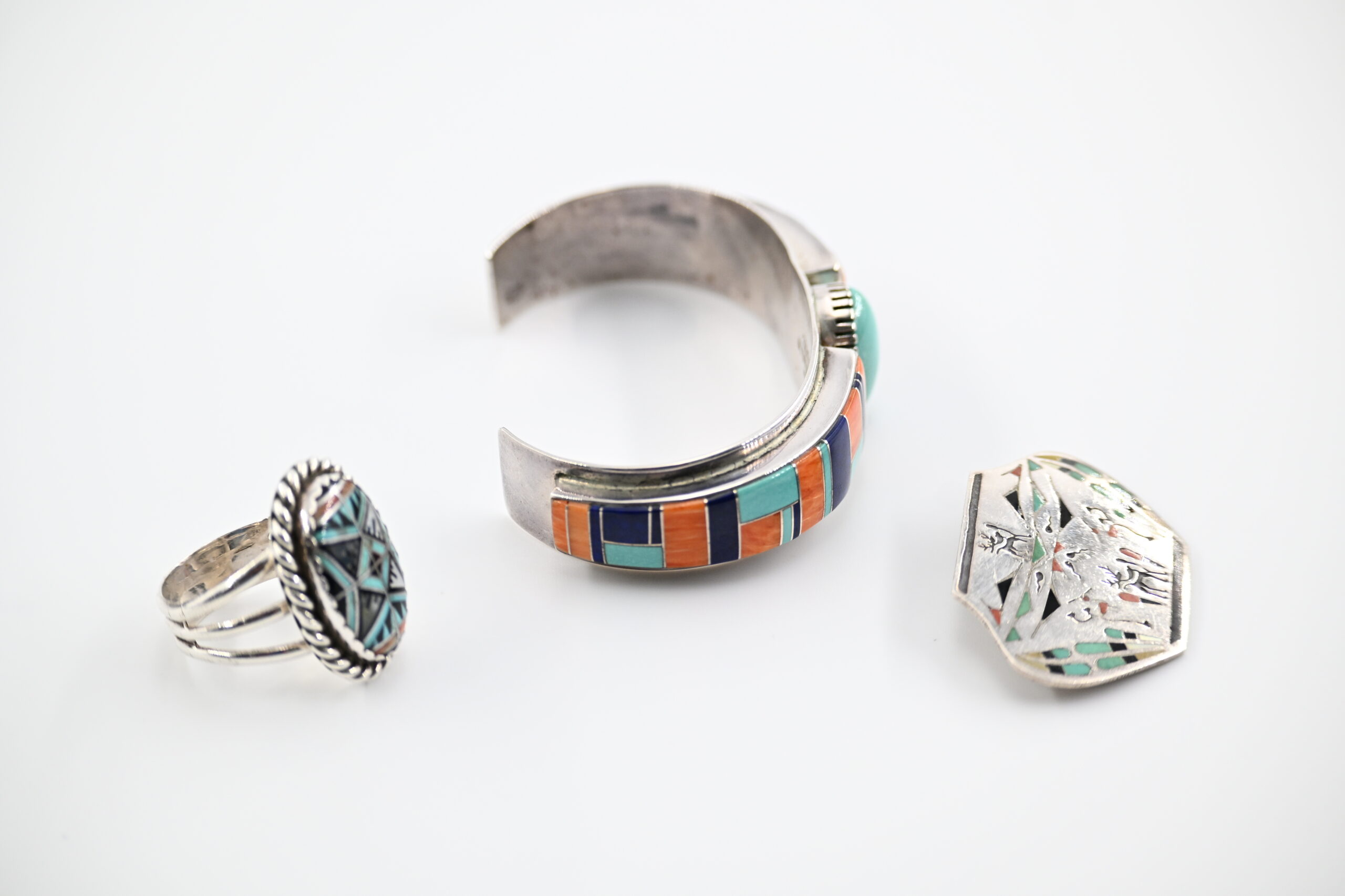 Three-Piece Native American Sterling Silver and Multi-Stone Inlay Group with Cuff, Ring, and Pin - Image 5