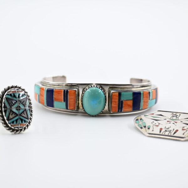 Three-Piece Native American Sterling Silver and Multi-Stone Inlay Group with Cuff, Ring, and Pin