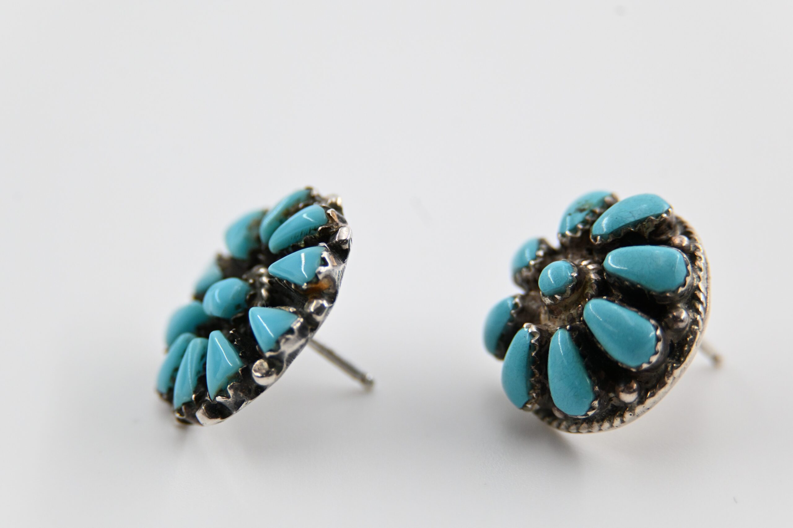 Two Single Zuni Sterling Silver Petit Point Turquoise Cluster Stud Earrings - Image 2