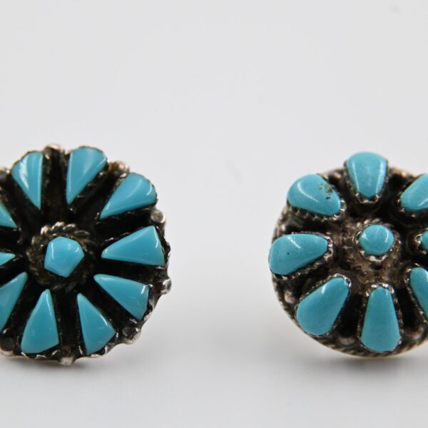 Two Single Zuni Sterling Silver Petit Point Turquoise Cluster Stud Earrings
